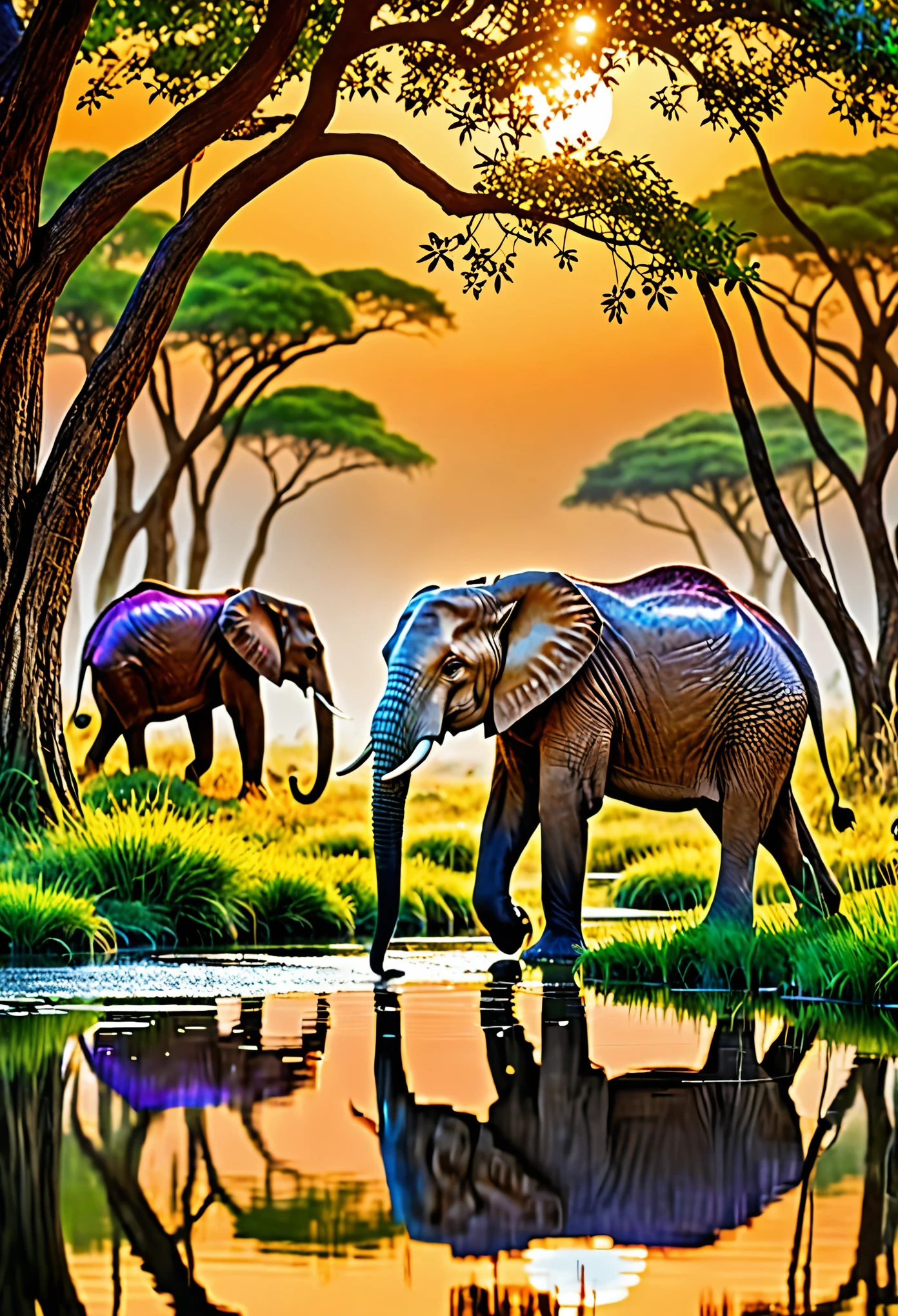 (best quality,4k,8k,highres,masterpiece:1.2),ultra-detailed,(realistic,photorealistic,photo-realistic:1.37), vivid colors, HDR, studio lighting, extreme detail description, professional, bokeh, vibrant, striking, colorful animals, fantasy creatures, enchanting wildlife, magnificent wildlife scenery, magical animals, exotic animals, wonderland of animals, magical creatures, captivating animal kingdom, breathtaking animal portraits, dazzling animal display, surreal animal world, whimsical animal paradise, kaleidoscope of colors, animals in vibrant hues, explosion of colors, animals in vivid palettes, animals in radiant colors, animals in striking shades, mushroom animals, creatures made of mushrooms, mushroom-inspired beings, animals with mushroom patterns, fantastical mushroom creatures, mushroom wildlife, mushroom-infused animals, majestic crocodiles, graceful impala, majestic elephants, crocodiles in the wild, impala roaming free, elephants in their natural habitat, African plains, evening pond, animals gathering for a drink, animals quenching their thirst, animals in a peaceful oasis, serene twilight scene, tranquil African landscape, mesmerizing reflections, ethereal atmosphere, soft golden light, dramatic silhouettes, serene water surface, magical twilight colors, tranquil ambiance.