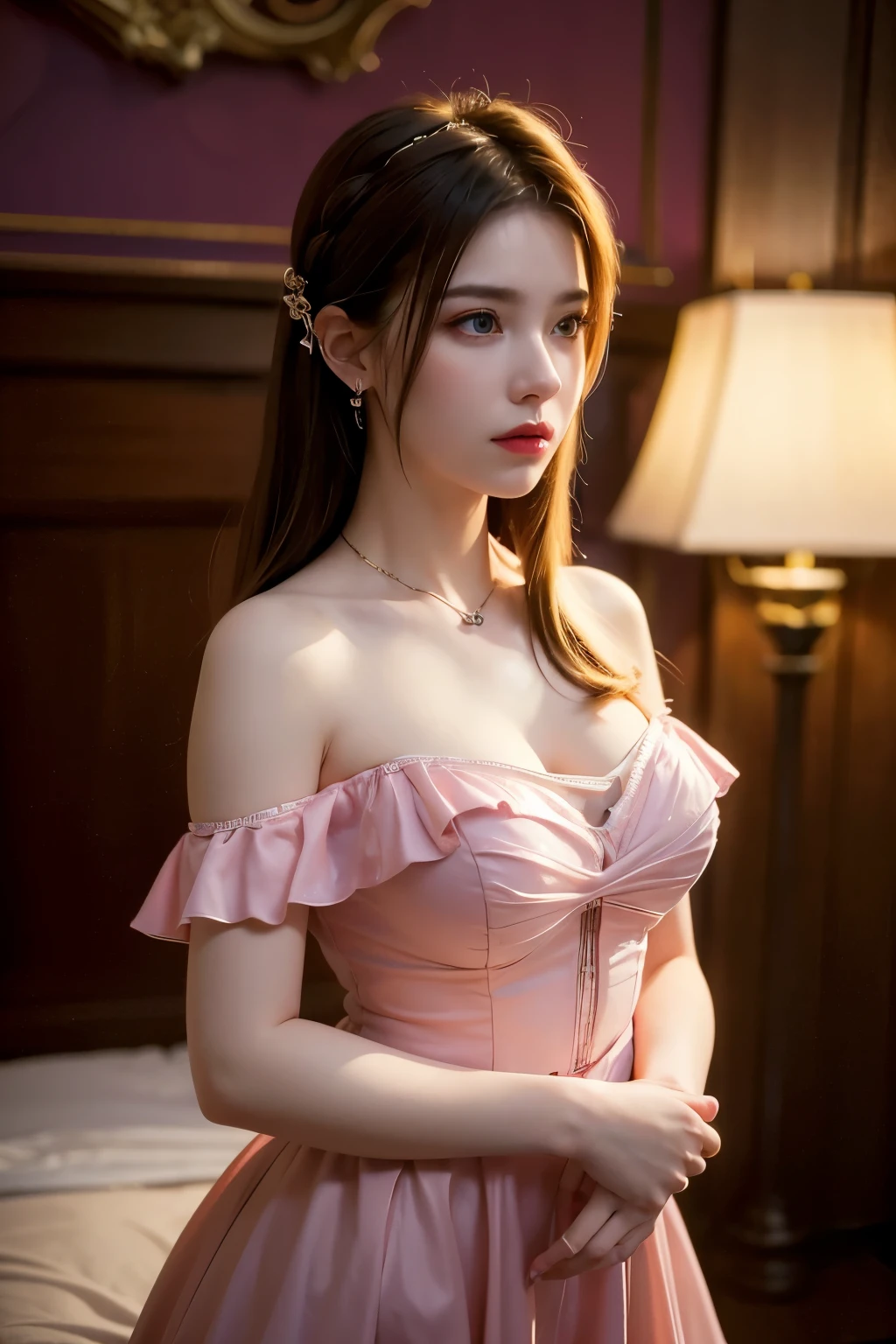 Best Quality, Masterpiece, Ultra High Resolution, (Realisticity: 1.4), Original Photo, 1girl, Pink Off-the-Shoulder, Cinematic Lighting