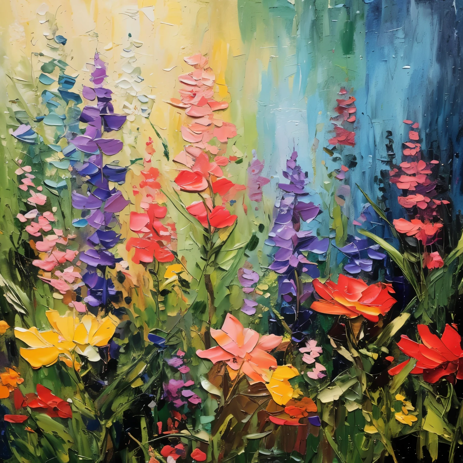 Flower field painting on background, Colorful oil painting, oil painting with brushstrokes, Bright color oil painting on canvas, vibrant oil painting, oil painting mixture, Detailed 4k oil painting, palette knife, impasto, Detailed impasto brushstrokes, colorful wildflowers, oil paint strokes, High quality oil painting