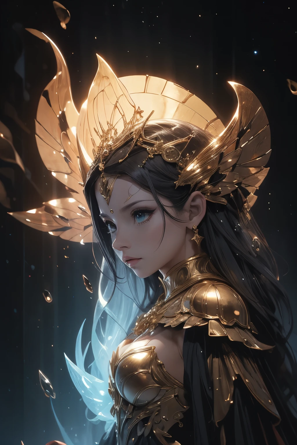 masterpiece, highest quality, solo focus, (perfect face:1.1) , (high detail:1.1), (dramatic, 1.5), (1 mature female:1.3), (deeply tanned skin:1.3), (brown curled hair:1.2), (gold jewelry), (cow horn crown:1.3), (dresses in simple white gown), (limned in bright light), (peacock tail unfolded behind her), hyper detailed, digital art, studio quality, smooth render, unreal engine 5 render, octane render, 8K, particle effects,