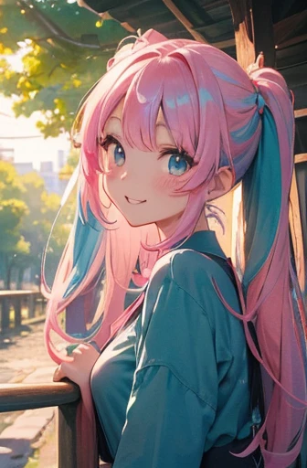 The arrival of autumn、big butt、 (alone:1.5,)Super detailed,明るいcolor, very beautiful detailed anime face and eyes, look straight, ;d, shiny_skin,girl, (((虹colorの髪, colorful hair, Half blue、half pink hair: 1.2))), 、forehead is exposed.、green eyes、、shiny hair, delicate beautiful face, blush、(turquoise eyes), White skin, Valletta, earrings,、sunset、forest road、(((Floral、黄color、細かいフリルが付いた青いFloralロリータドレス,)))、twin tails、smile、happy face、face dyed red、color々pose、Full body portrait from head to toe、