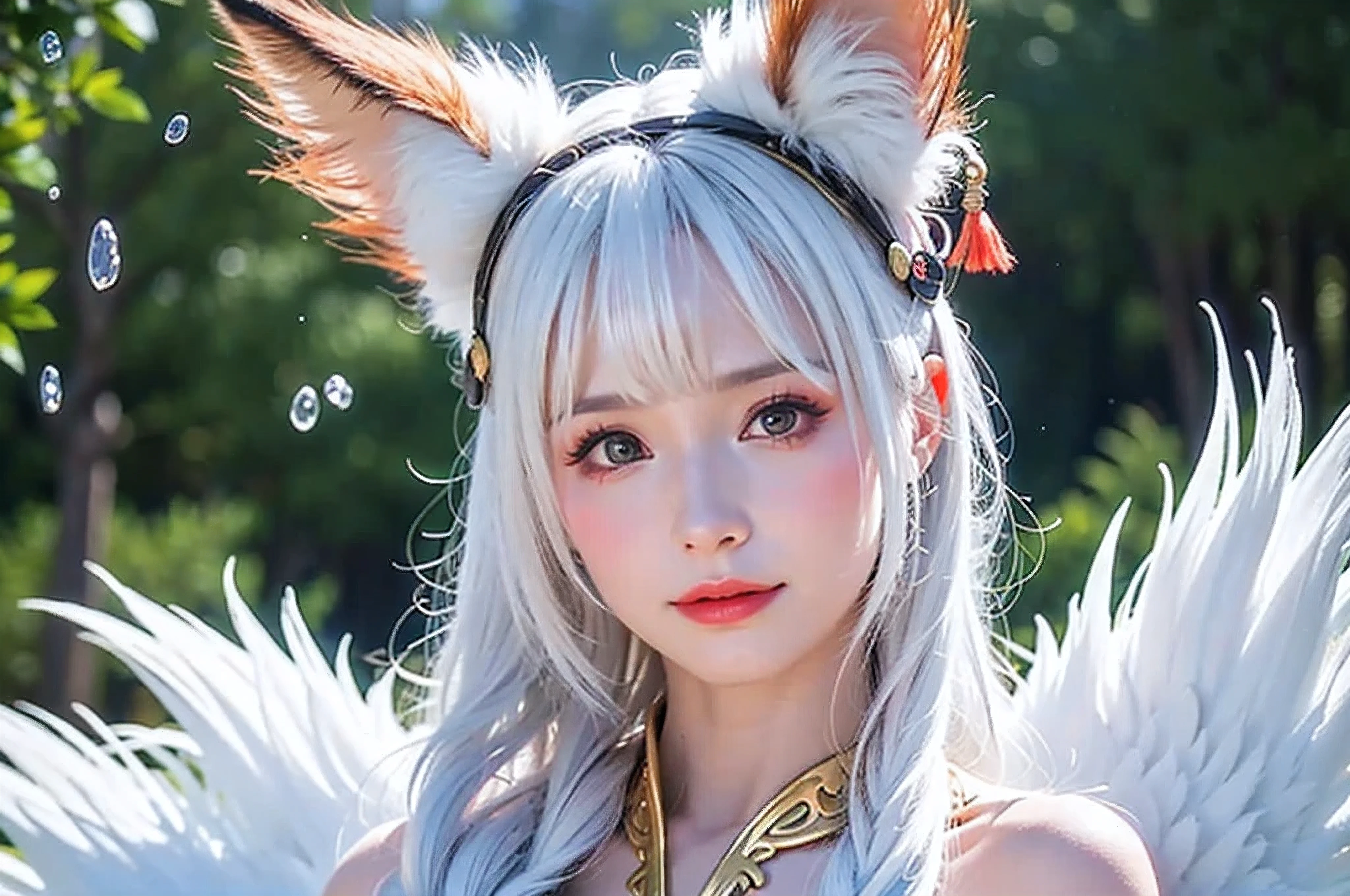 （This woman is a nine-tailed demon fox：1.5），（fox ear：1），（White color hair：1.3），（fox tails：1.5），（Golden section：1.2），(8K, RAW photogr:1.2), Best quality, ultra high resolution,Dramatic angles,(fluttering detail color splash), (illustration),(((1 girl))),(Long hair),(rain:0.9), (head gear:1.2),The girl was surrounded by woods，Hanfu,(focal point)， masterpiece, Best quality, beautiful painted, highly-detailing,(Denoising:0.6),[Splash ink],((ink refraction)), (Beautiful detailed sky),Moon,highly,A detailed,(masterpiece, Best quality, Extremely detailed） CG unity 8k wallpaper，tmasterpiece，Best quality at best，ultra - detailed），（Stone garlic）