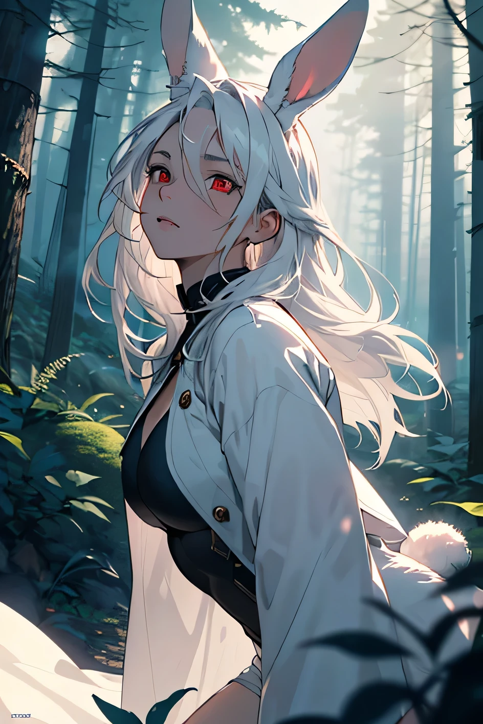Official Art, Unity 8k wallpaper, super detailed, beautiful, beautiful, masterpiece, best qualities, atmosphere, mystery, romanticism, literature, art, forest, contemplation, emotional depth, supernatural,
1 bunny woman, red eyes, white hair, hunting tight black outfit, solo, neck, bust composition, long straight hair