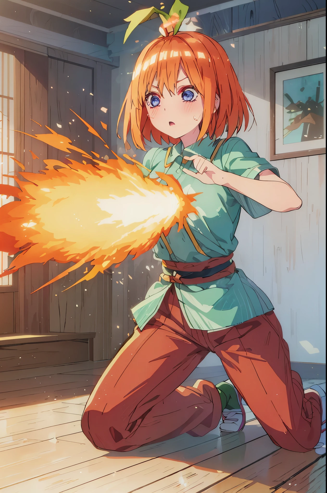 Yotsuba nakano , sneezing, sneezing fire, yotsuba sneezing and a blaze of flame bursts from her nose, short orange hair, bob irange hair, blue eyes, nakano_yotsuba, splendid, iridescent, dynamic pose, moving, excellent character design, full body pose, perfect face, aayotsuba, bangs, firebreath, green ribbon on hair, green ribbon on top of head, cheery face, surprised face, cute face, startled face, 