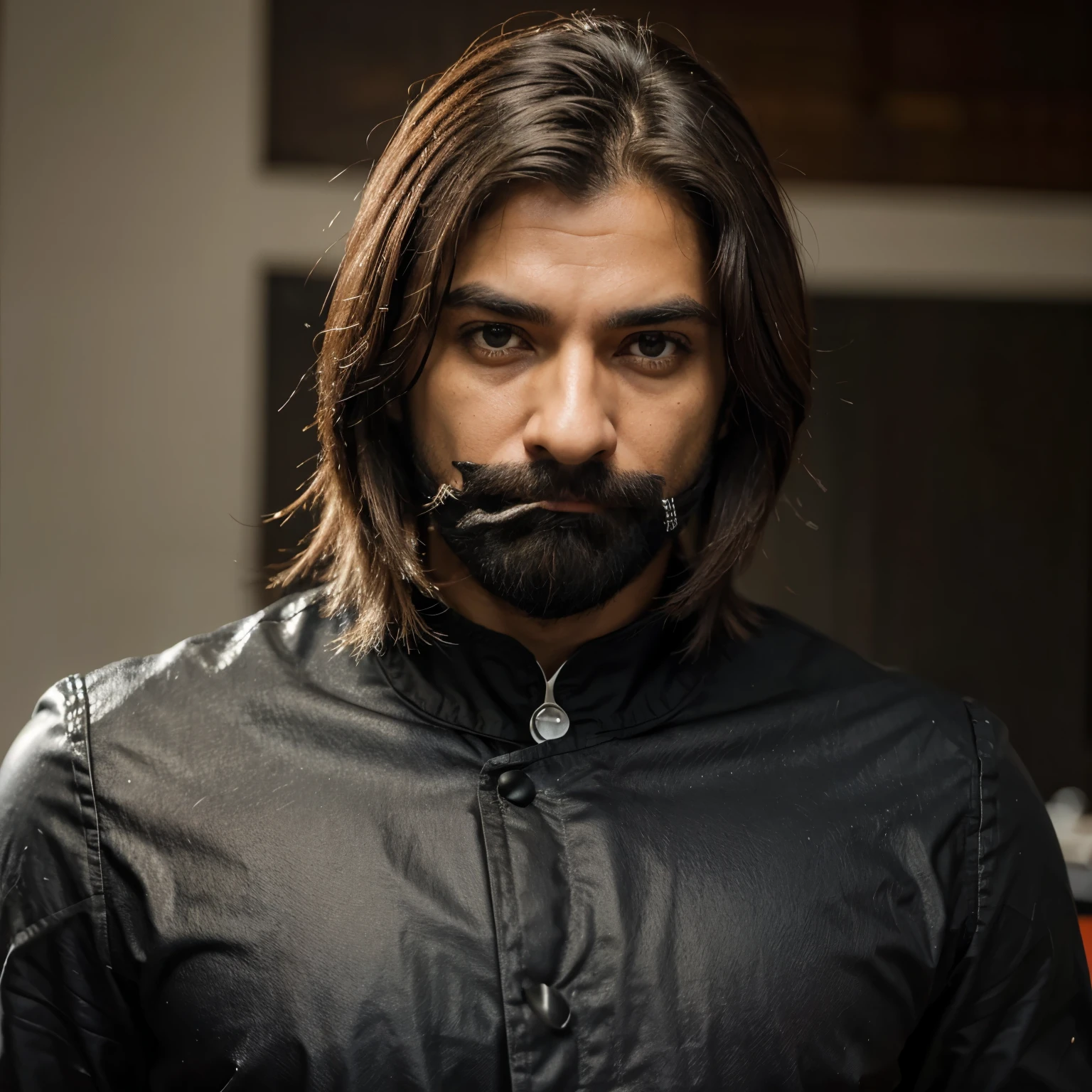 Um homem de cabelos longos e negros, com mechas laranjadas, presos em um rabo de cavalo alto. Your face shows marks of strong expressions, mas seus olhos emanam carisma. Ele veste um terno preto e gravata laranja, reflecting your dedication to business life, embora suas costas guardem uma dor oculta, fruto do tratamento desrespeitoso dos chefes.