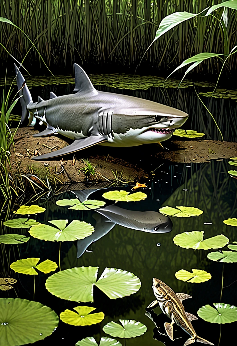 (shark|toads) hunt the shores of an evening pond in a forest