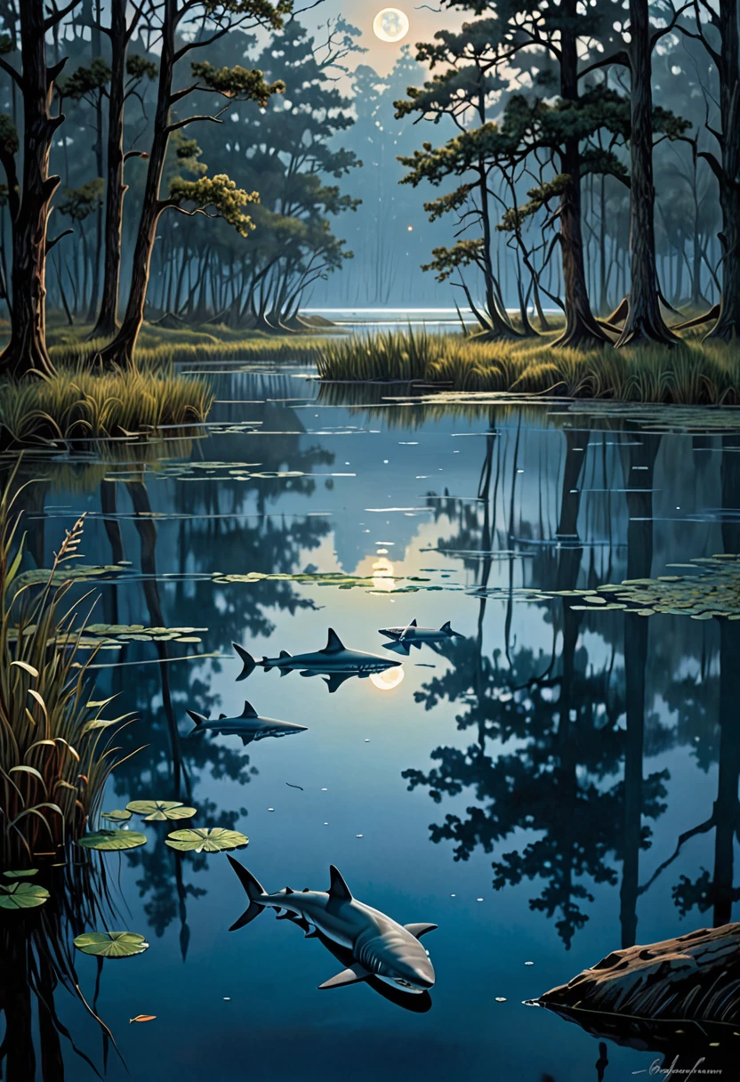 (best quality,ultra-detailed,realistic:1.37),sharks hunting the shores of an evening pond in a forest,water ripples,marshy ground,dense trees,reflection of moonlight,ominous atmosphere,sparkling water,submerged roots,dappled sunlight,fading sunlight,glimmering shadows,lit by soft moonlight,glistening algae,ripples spreading outwards,magic hour,serene stillness,lurking danger,wetland scenery,dramatic composition,majestic predators,creatures of the night,mysterious ambiance,rippling reflections of trees,hidden depths,moving silently,forest's edge,whispering leaves,dusky hues,shimmering scales,rippling movements,teeth glinting in the moonlight,subtle shades of blue,ominous glances,awe-inspiring hunters,peaceful setting,translucent water,hidden camouflage,calm and hushed