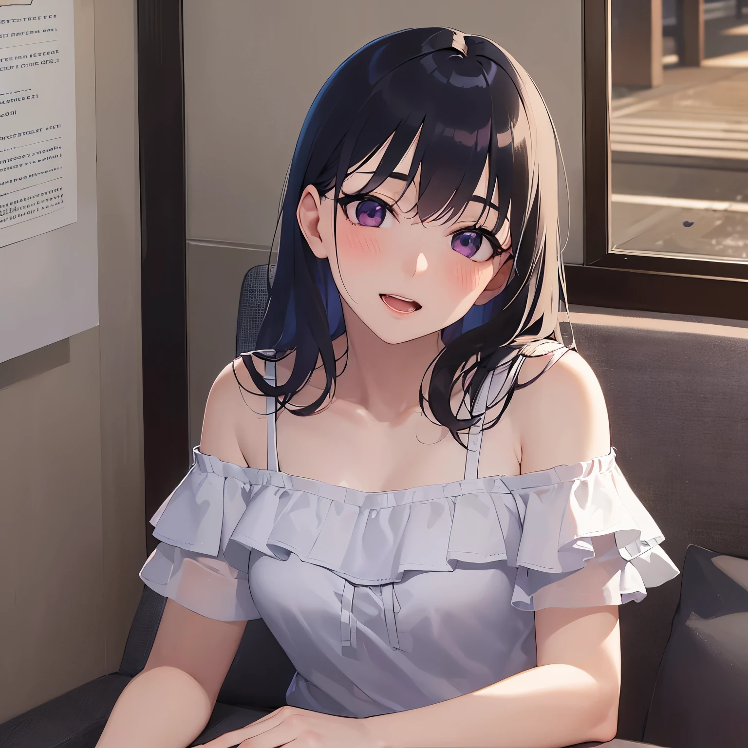 (white off shoulder blouse:1.5), looking up, Upper Body, Realistic, real person, (pale skin: 1.2), RAW photo, photorealistic, portrait photography, shiny skin, japanese idol、shiny hair、(25 year old woman with straight medium hair with bangs) and (black hair) and (purple eyes) , smile, open mouth, (blush:1.3), The background is the interior of the cafe.、Alone、sitting
