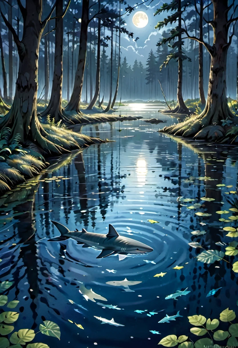 (best quality,ultra-detailed,realistic:1.37),sharks hunting the shores of an evening pond in a forest,water ripples,marshy ground,dense trees,reflection of moonlight,ominous atmosphere,sparkling water,submerged roots,dappled sunlight,fading sunlight,glimmering shadows,lit by soft moonlight,glistening algae,ripples spreading outwards,magic hour,serene stillness,lurking danger,wetland scenery,dramatic composition,majestic predators,creatures of the night,mysterious ambiance,rippling reflections of trees,hidden depths,moving silently,forest's edge,whispering leaves,dusky hues,shimmering scales,rippling movements,teeth glinting in the moonlight,subtle shades of blue,ominous glances,awe-inspiring hunters,peaceful setting,translucent water,hidden camouflage,calm and hushed