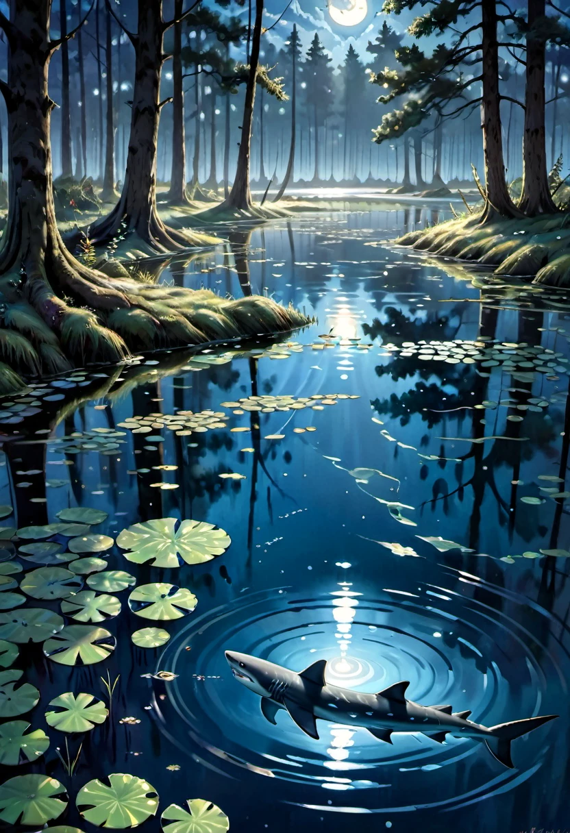 (best quality,ultra-detailed,realistic:1.37),sharks hunting the shores of an evening pond in a forest,water ripples,marshy ground,dense trees,reflection of moonlight,ominous atmosphere,sparkling water,submerged roots,dappled sunlight,fading sunlight,glimmering shadows,lit by soft moonlight,glistening algae,ripples spreading outwards,magic hour,serene stillness,lurking danger,wetland scenery,dramatic composition,majestic predators,creatures of the night,mysterious ambiance,rippling reflections of trees,hidden depths,moving silently,forest's edge,whispering leaves,dusky hues,shimmering scales,rippling movements,teeth glinting in the moonlight,subtle shades of blue,ominous glances,awe-inspiring hunters,peaceful setting,translucent water,hidden camouflage,calm and hushed