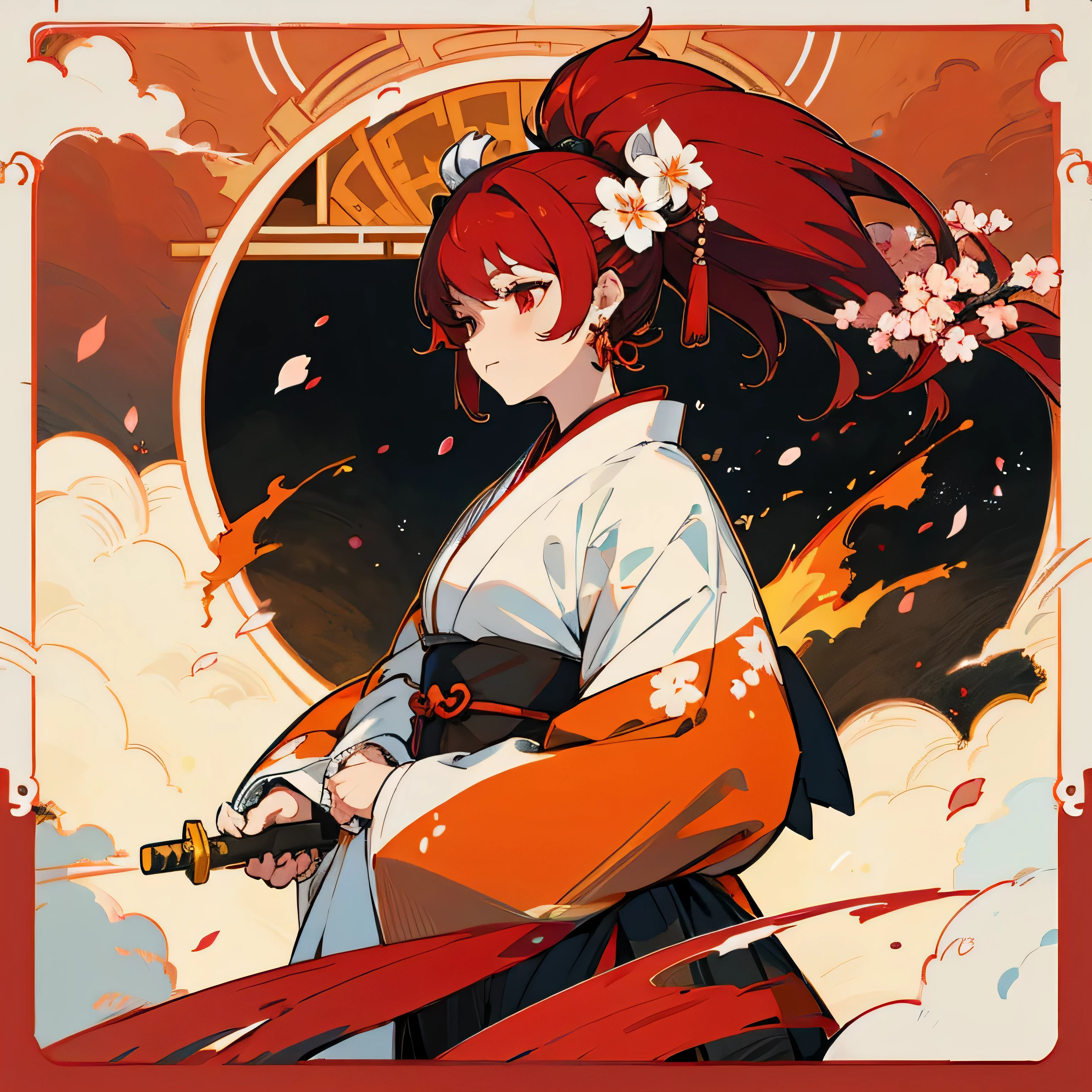 Mature girl, red eyes, black-red hair color, floating hair, smooth and flexible eyes, anbu mask next to her head, beautiful accessories and wearing a fire-emitting katana wearing rising sun japanese emblem earrings, FOV, f/1.8, masterpiece, ancient japanese architecture, orange sky, flying cherry blossom petals, front portrait shot, Chang'e, side lights, rays radiating on people, 8K