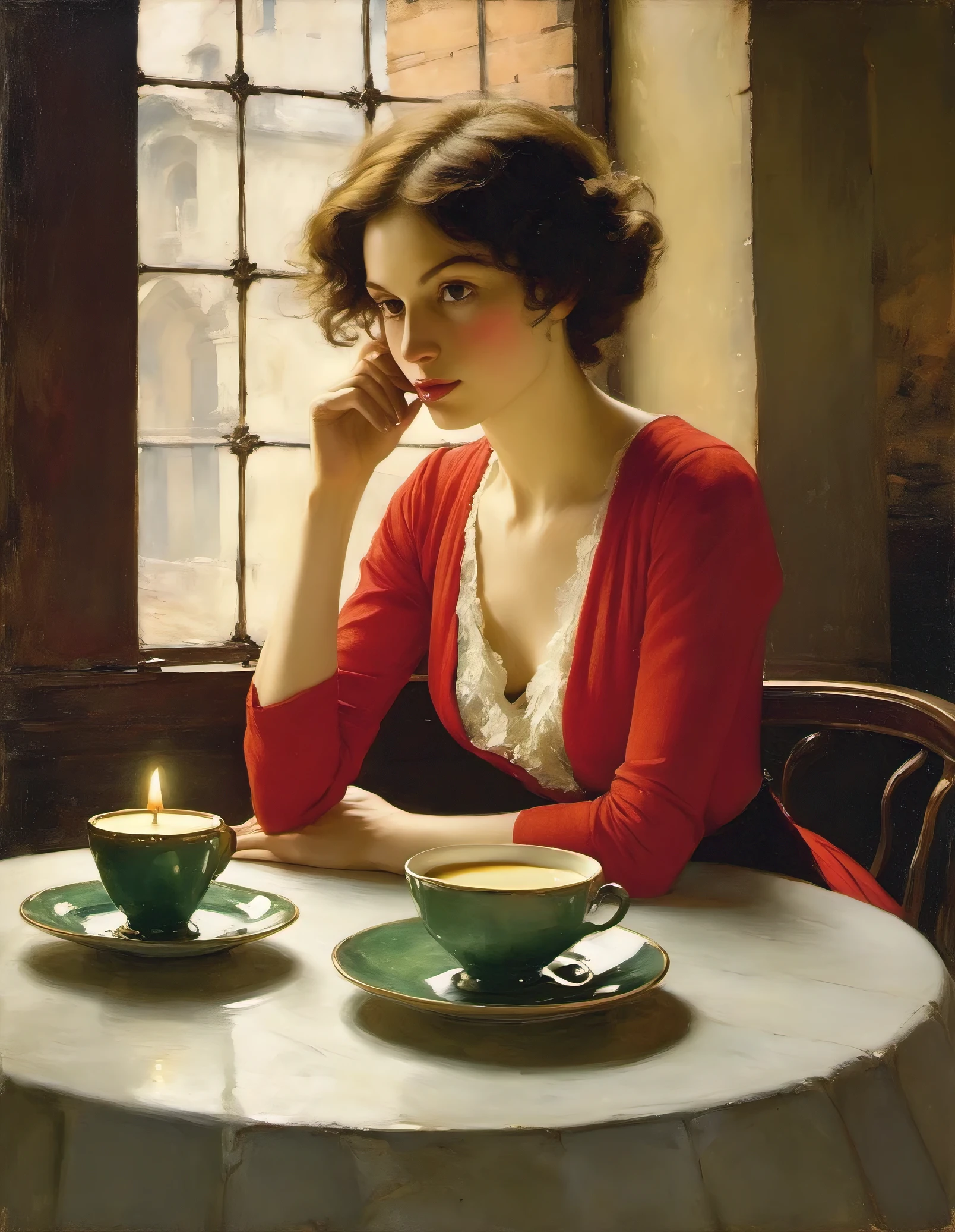 style by Abbott Handerson Thayer, masterpiece, very delicate and beautiful, highly detailed, amazing, attention to detail, a 50-year-old sexy woman in a very short tight-fitting red dress, short rare light curly hair, drinking hot tea, one leg crossed over the other, She is contemplating divorce from her husband, wide open legs, On the table, there is a plate with salad and a brownie. In the background there walls and vaults of a cozy, small, cramped café in Buenos Aires adorned with two painting,votive candle, with evening light streaming in through the window, 2D illustration