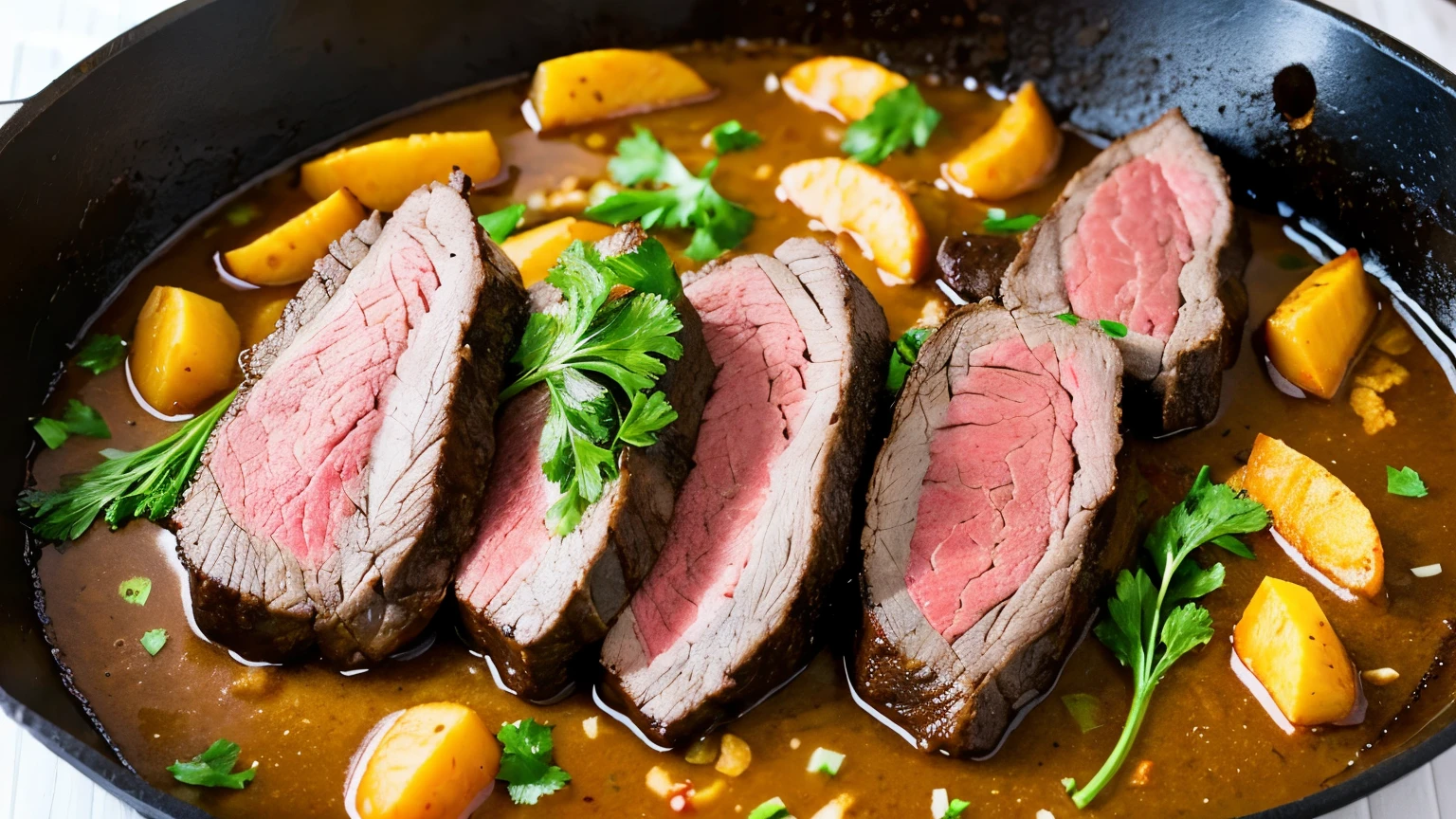 roasted beef in a frying pan