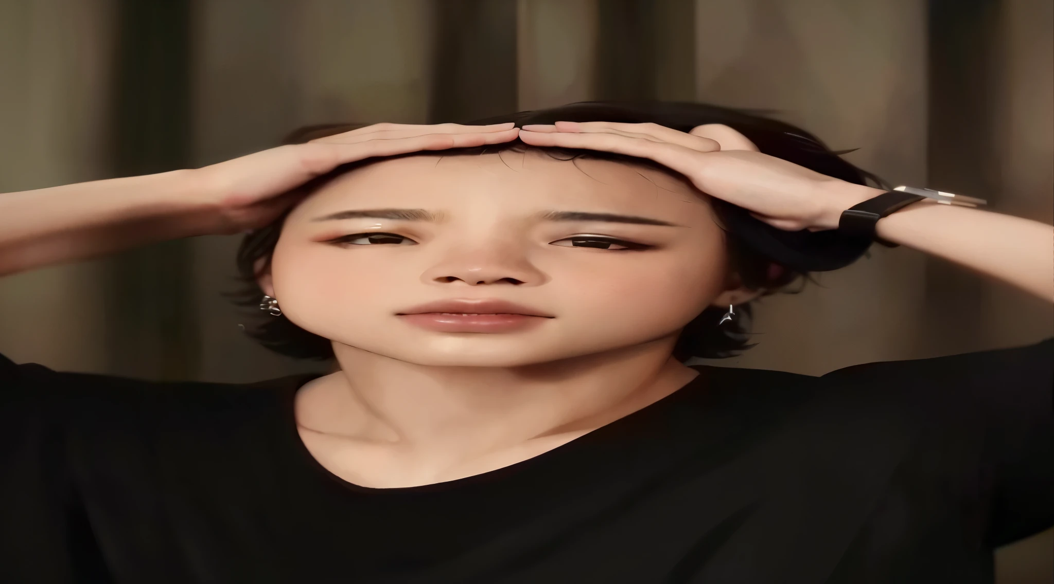 puffy woman in black shirt holding her head in front of her head, Jimin\the right eyelid is swollen, Jimin\o nariz grego, accurate Jimin face, Jimin, park Jimin, Jimin\the full lips, Marco Steyerl, mostrando a testa, artista coreano, taejune kim, asian face, Yuliban, testa grande, Park Jimin Bts, Bts, Jimin, Park Jimin, Jimin do Bts