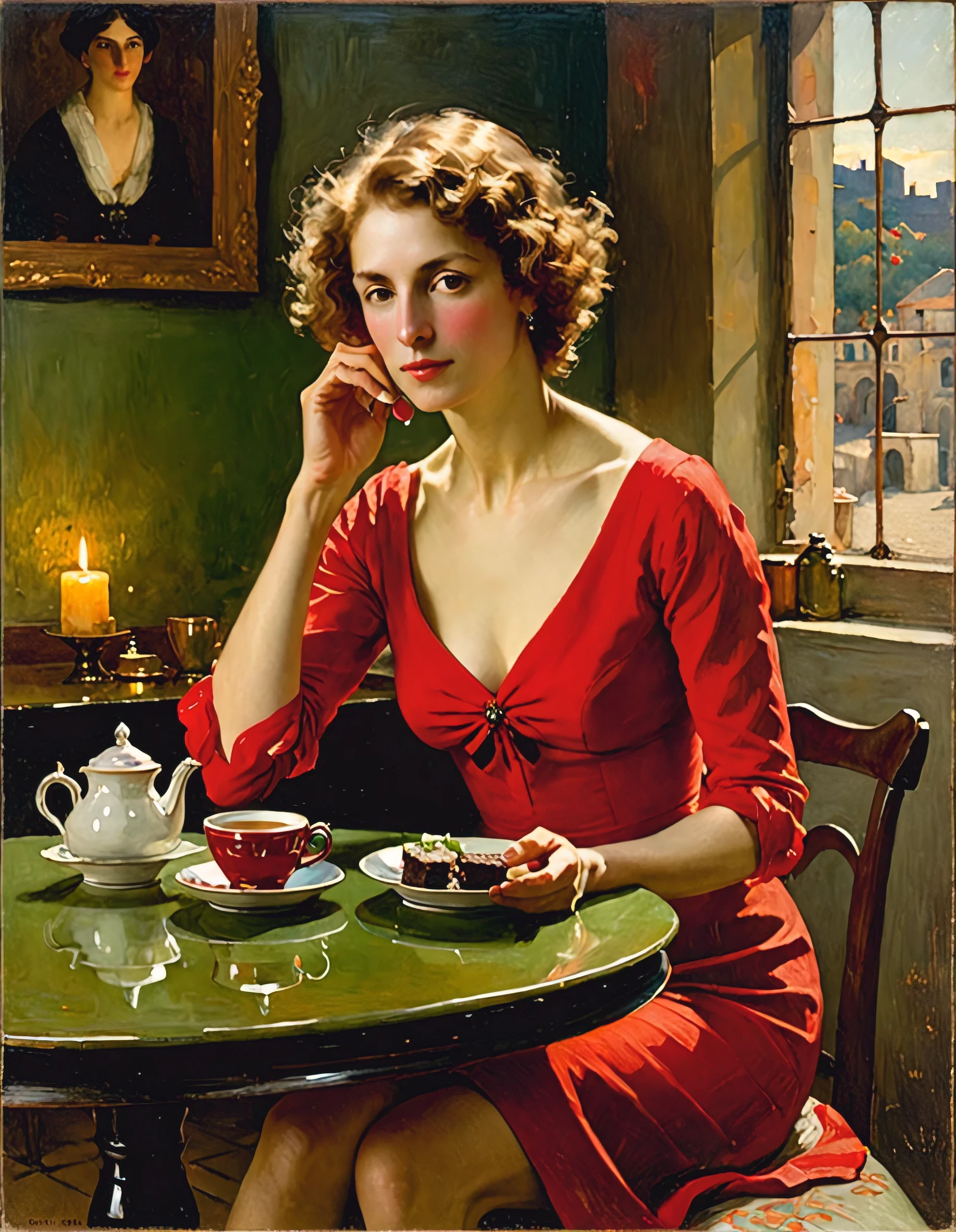style by Abbott Handerson Thayer, masterpiece, very delicate and beautiful, highly detailed, amazing, attention to detail, a 50-year-old sexy woman in a very short tight-fitting red dress, short rare light curly hair, drinking hot tea, one leg crossed over the other, She is contemplating divorce from her husband, wide open legs, On the table, there is a plate with salad and a brownie. In the background there walls and vaults of a cozy, small, cramped café in Buenos Aires adorned with two painting,votive candle, with evening light streaming in through the window, 2D illustration