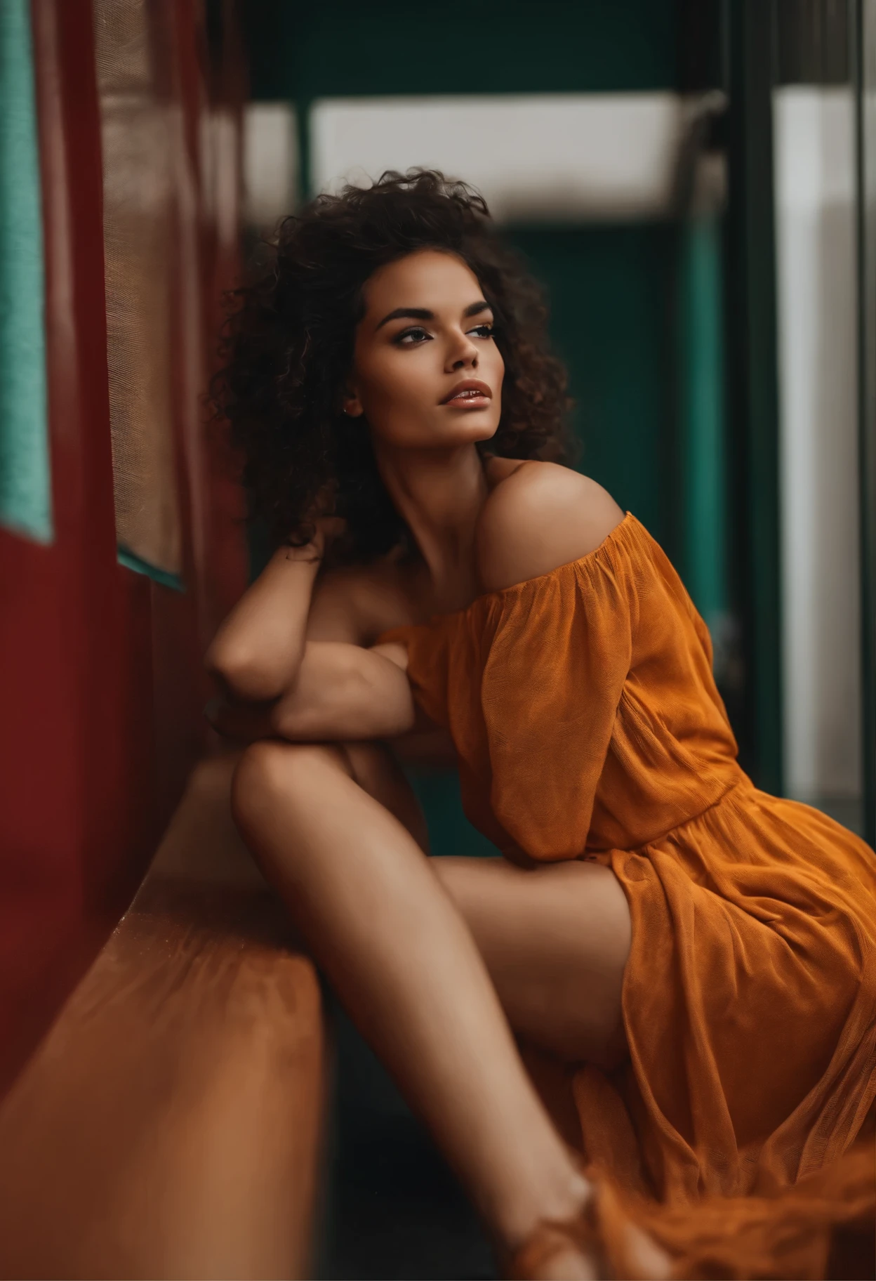 Jovem de vestido, sitting on the floor, cabelos longo preto, tennis