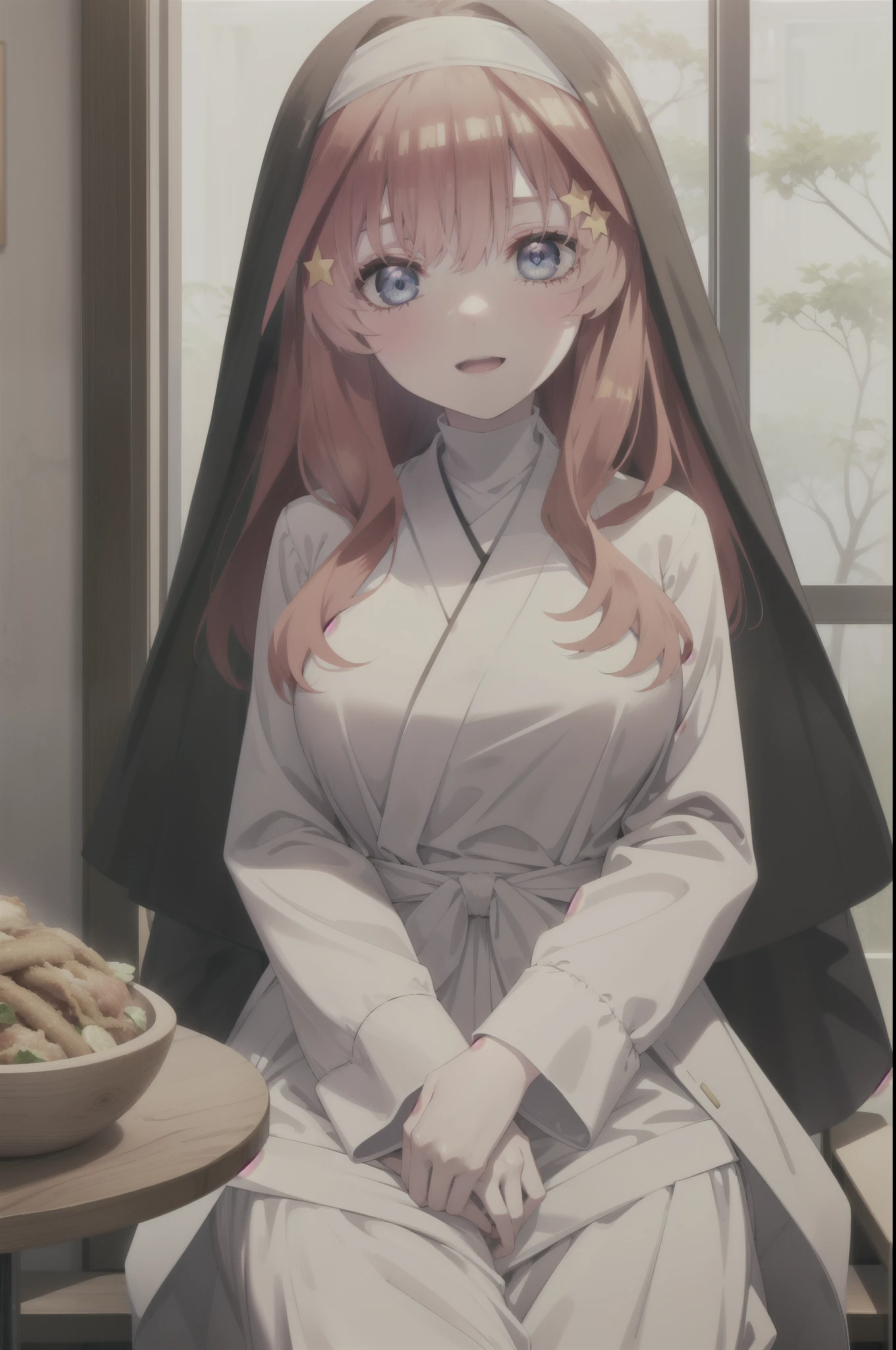 itsukinakano, itsuki nakano, bangs, blue eyes, hair between eyes, Ahoge, redhead,long hair, star \(symbol\), hair ornaments, star hair ornaments,smile,open your mouth,break habit, long sleeve, nun, robe, white robe, wide sleeve,There is a large katsudon on the table.,sitting in a chair,
break indoors, canteen,
break looking at viewer, (cowboy shot:1.5),
break (masterpiece:1.2), highest quality, High resolution, unity 8k wallpaper, (figure:0.8), (detailed and beautiful eyes:1.6), highly detailed face, perfect lighting, Very detailed CG, (perfect hands, perfect anatomy),