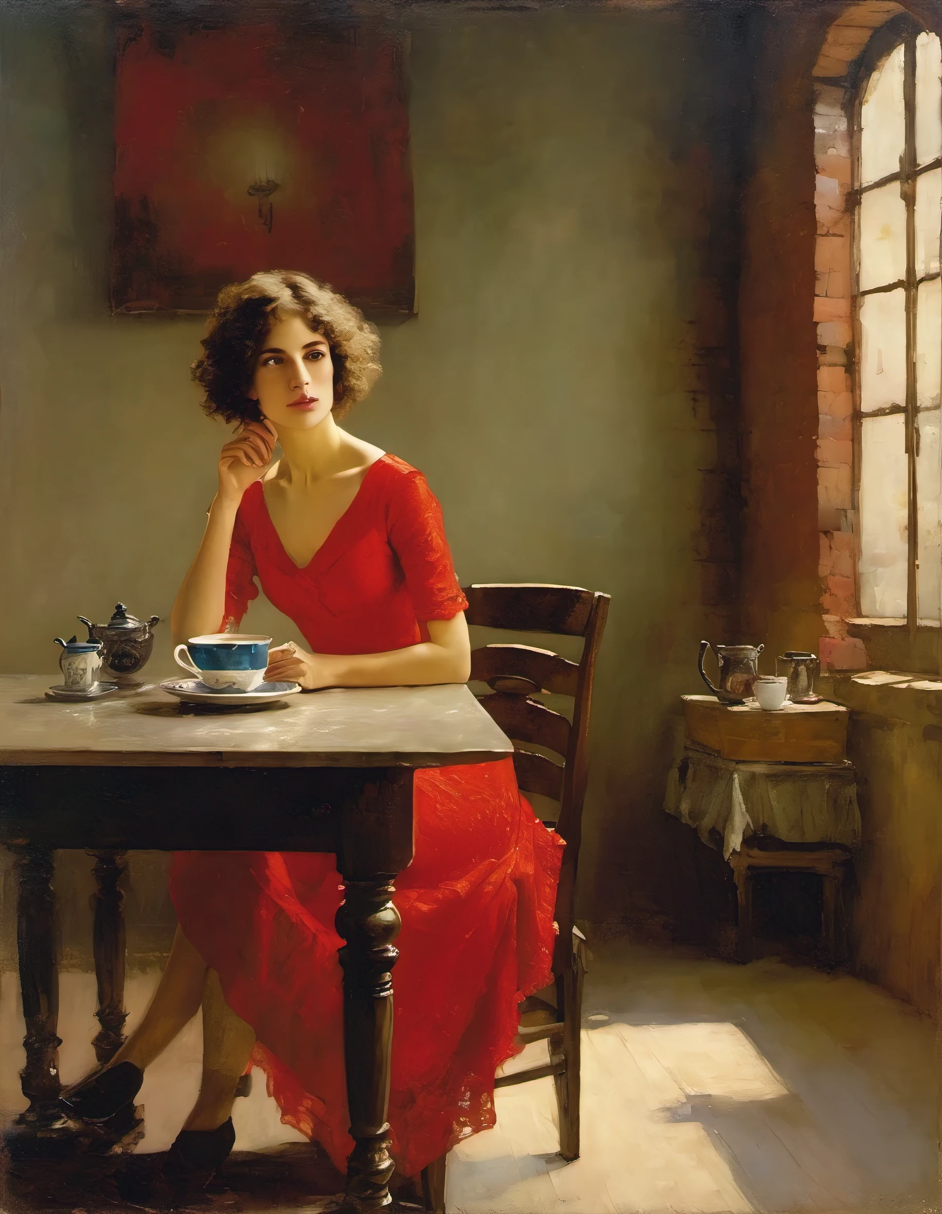 style by Abbott Handerson Thayer, masterpiece, very delicate and beautiful, highly detailed, amazing, attention to detail, a 50-year-old sexy woman in a very short tight-fitting red dress, short rare light curly hair, drinking hot tea, one leg crossed over the other, She is contemplating divorce from her husband, wide open legs, On the table, there is a plate with salad and a brownie. In the background, there are brick walls and vaults of a cozy, small, cramped café in Buenos Aires adorned with two painting,votive candle, with evening light streaming in through the window, 2D illustration
