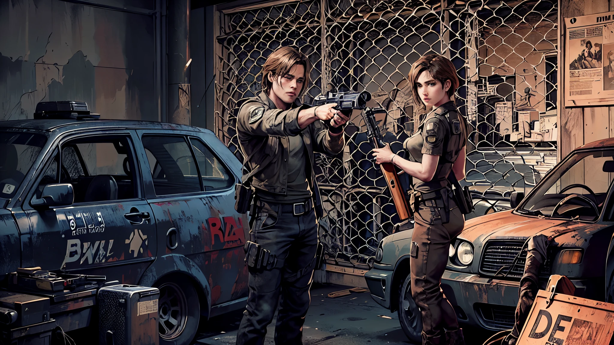 They&#39;re standing in the garage，Holding a car and a gun, background of resident Evil game, resident Evil 1, resident Evil, resident Evil inspired, resident Evil virus concept art, resident Evil 4, Promotional stills, Brad Pitt is Leon&#39;s. kennedy, propaganda art, Promotion still, 《deceased》Ash Williams in, still from live action movie, Sharing photo