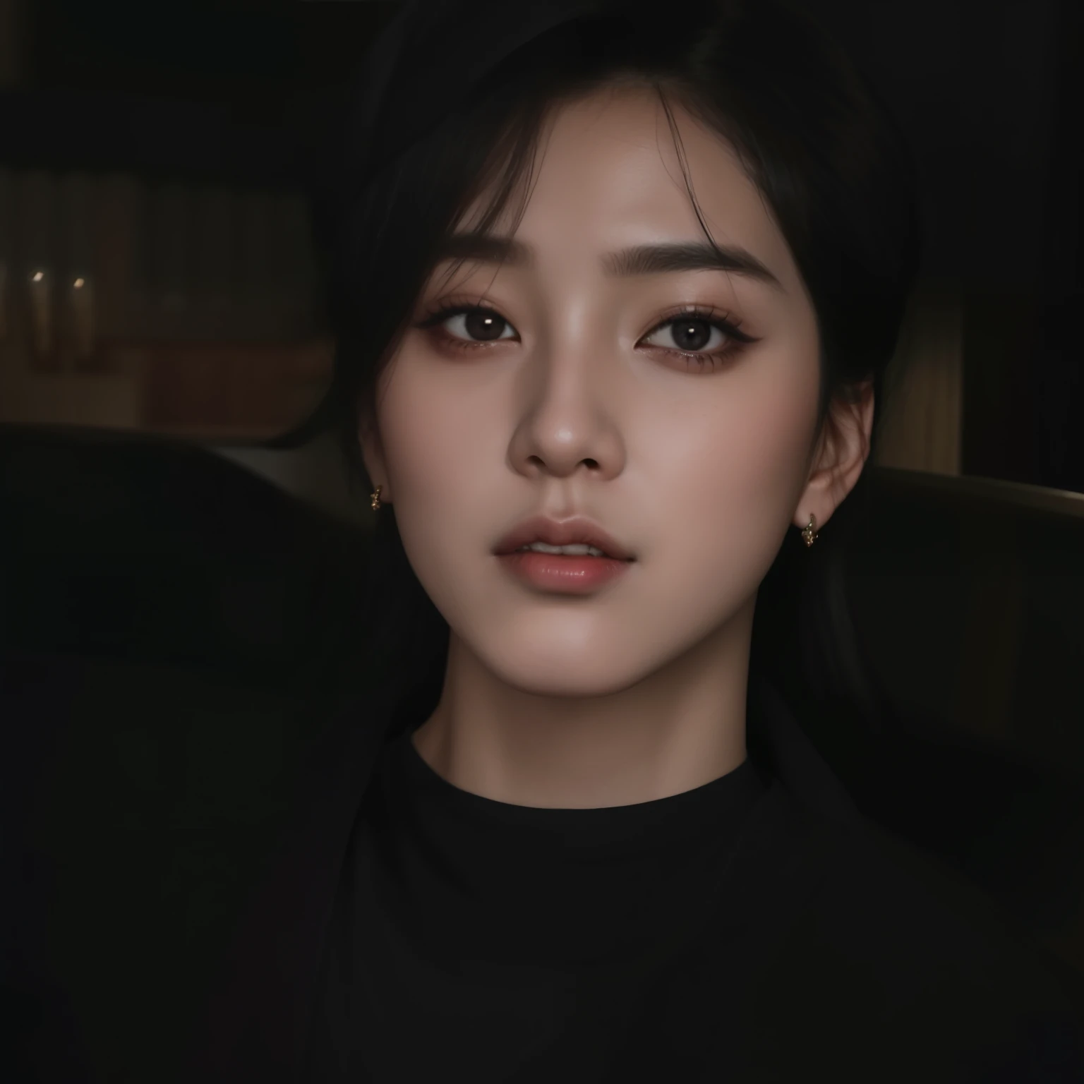hay una mujer con una camisa negra y aretes puestos, Cai Xu Kun, jungkook, jinyoung shin, kim taejin, inspirado en Kim Deuk-sin, androgynous face, taken in the early 2020s, inspirado en jeonseok lee, hyung tae, pale korean adorable face, retrato de jossi de blackpink, foto de perfil en la cabeza