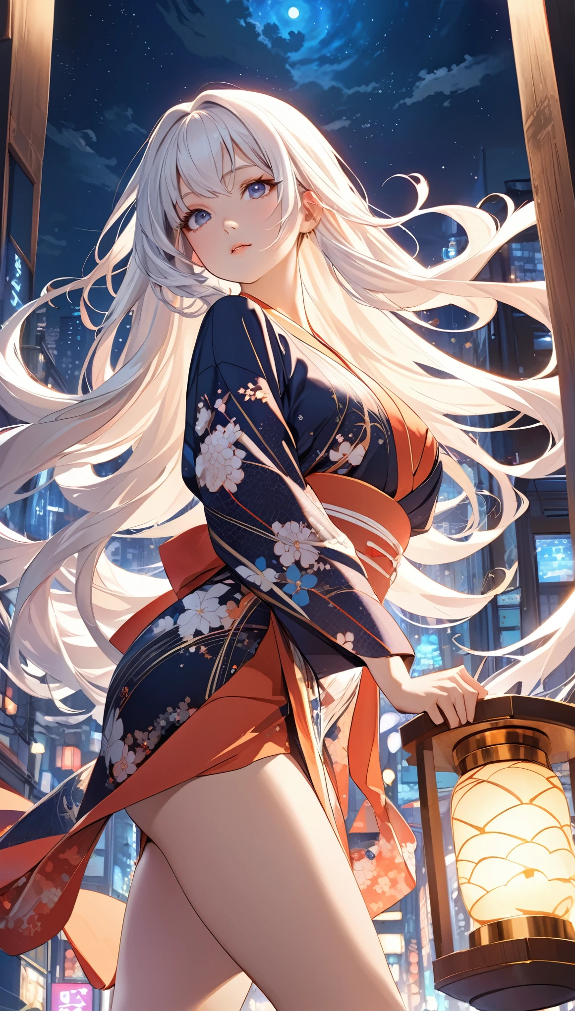 Illustrate a new portrayal of an anime girl with an immaculate hourglass figure, white hair, and brown Japanese skin, presenting herself in another unique, dynamic pose. She is adorned in a kimono, which is elegantly designed to accentuate her curves and golden ratio physique. The kimono is detailed with a pattern that signifies growth and progress, adding layers of depth to her character. Her eyes are a focal point, rendered in exceptional detail to convey depth, intelligence, and emotion. The backdrop is an intricately detailed night scene of a Japanese city, vibrant with the energy and lights of urban life. This masterpiece should encapsulate the entire scene, focusing on the anime girl's beauty, the complexity of her attire, and the bustling city environment. The image is crafted to celebrate the fusion of traditional beauty and modern dynamism, showcasing the anime girl in a fresh and vibrant pose against the nocturnal backdrop of Japan.