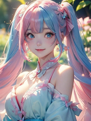  (off shoulder:1.1)、big butt、 (alone:1.5,)Super detailed,明るいcolor, very beautiful detailed anime face and eyes, look straight, ;d, shiny_skin,girl, (((虹colorの髪, colorful hair, Half blue、half pink hair: 1.2))), 、forehead is exposed.、green eyes、、shiny hair, delicate beautiful face, blush、(turquoise eyes), White skin, Valletta, earrings,、sunset、forest road、(((Floral、黄color、細かいフリルが付いた青いFloralロリータドレス,)))、twin tails、smile、happy face、face dyed red、color々pose、