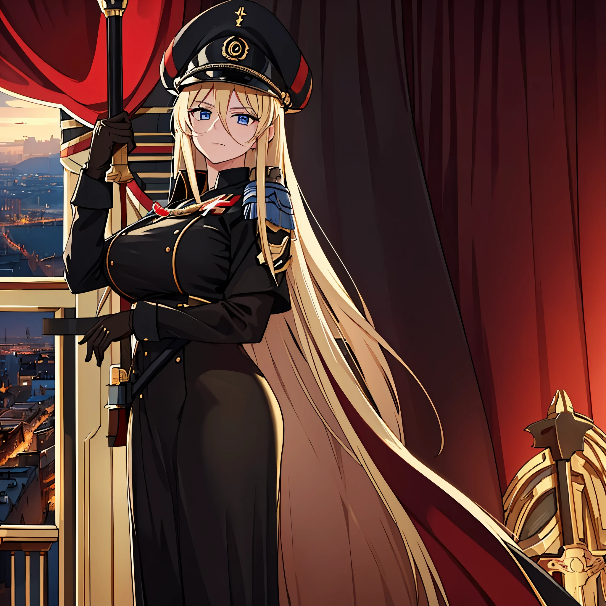 A woman in black military attire with red and gold details, military hat, large breasts, wearing a cape, long blond hair, blue eyes, in the upper part of a German city, with the city in the background, perfect quality, masterpiece, ultra resolution, very detailed, 4k hd.
