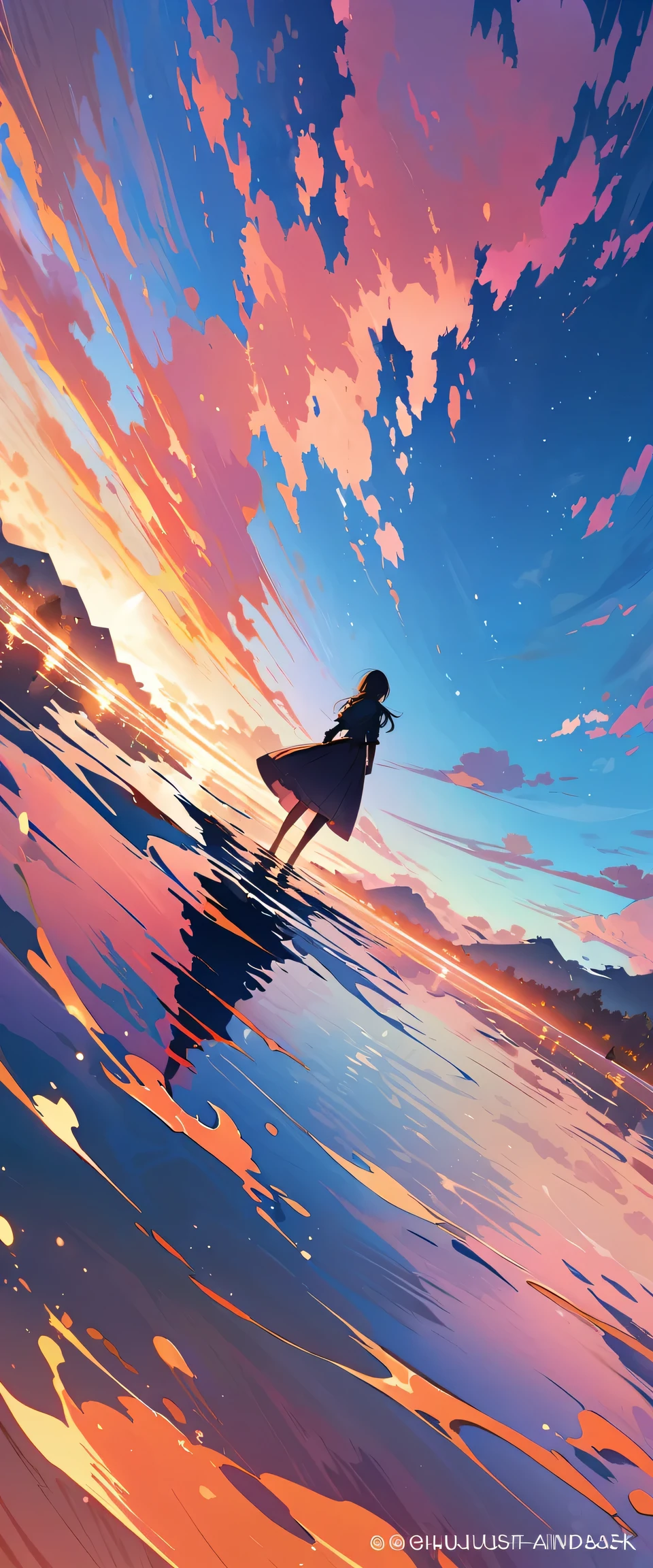 official art, unified 8k wallpaper, super detailed,  masterpiece, Best image quality，super wide angle，evening，a woman，Standing in the pond，water is like a mirror，reflecting the sky。look up to the sky，Colorful sunset，Dynamic angle, grace, bright colors,