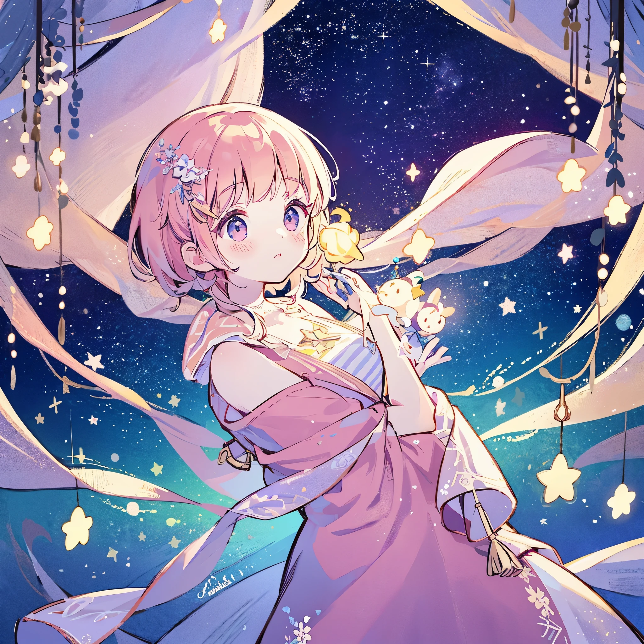 complex background, wishing star background, a woman wearing an ethereal mystical pink translucent dress that reflects the stars, perfume promo art, mystic, complex drawing, highly detailed, Covergirl brand, promo art, artistic rendition, ethereal, starry night, midjourney style