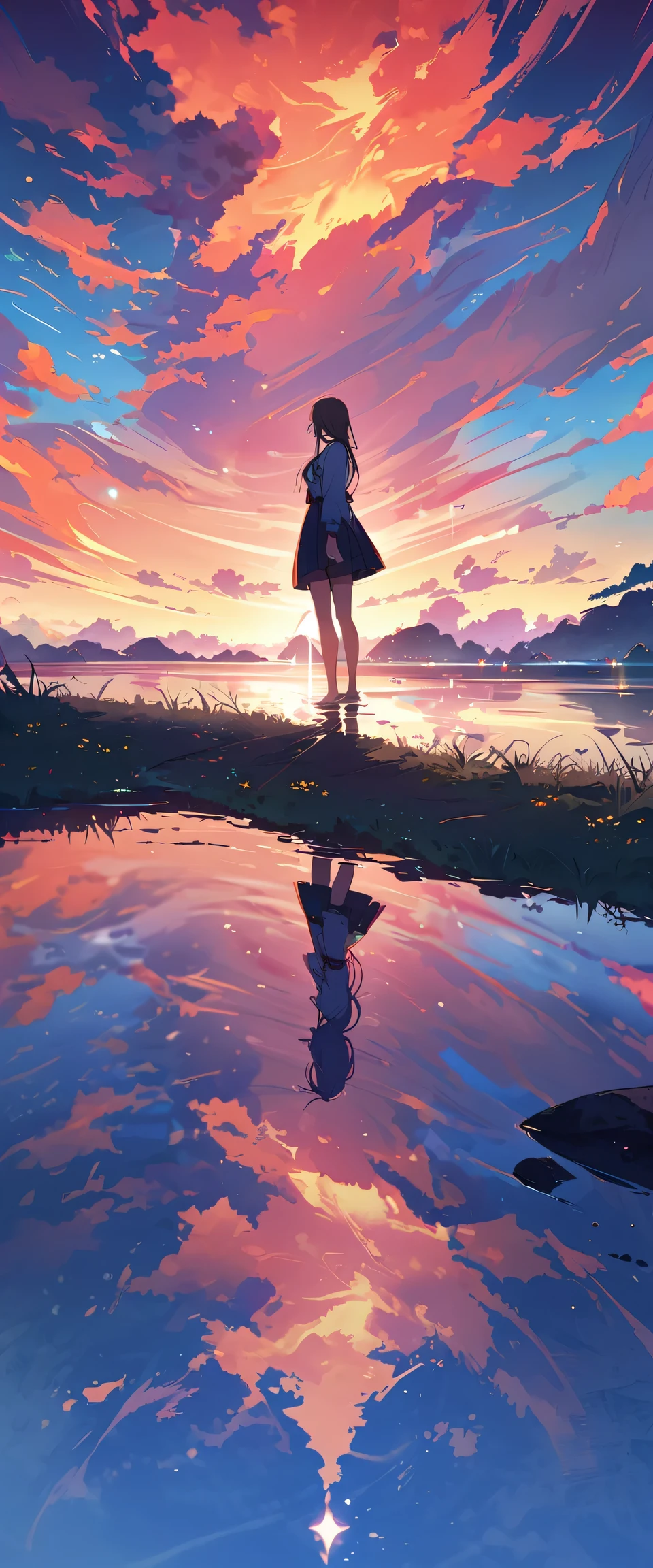 official art, unified 8k wallpaper, super detailed,  masterpiece, Best image quality，super wide angle，evening，a woman，Standing in the pond，water is like a mirror，reflecting the sky。look up to the sky，Colorful sunset，Dynamic angle, grace, bright colors,