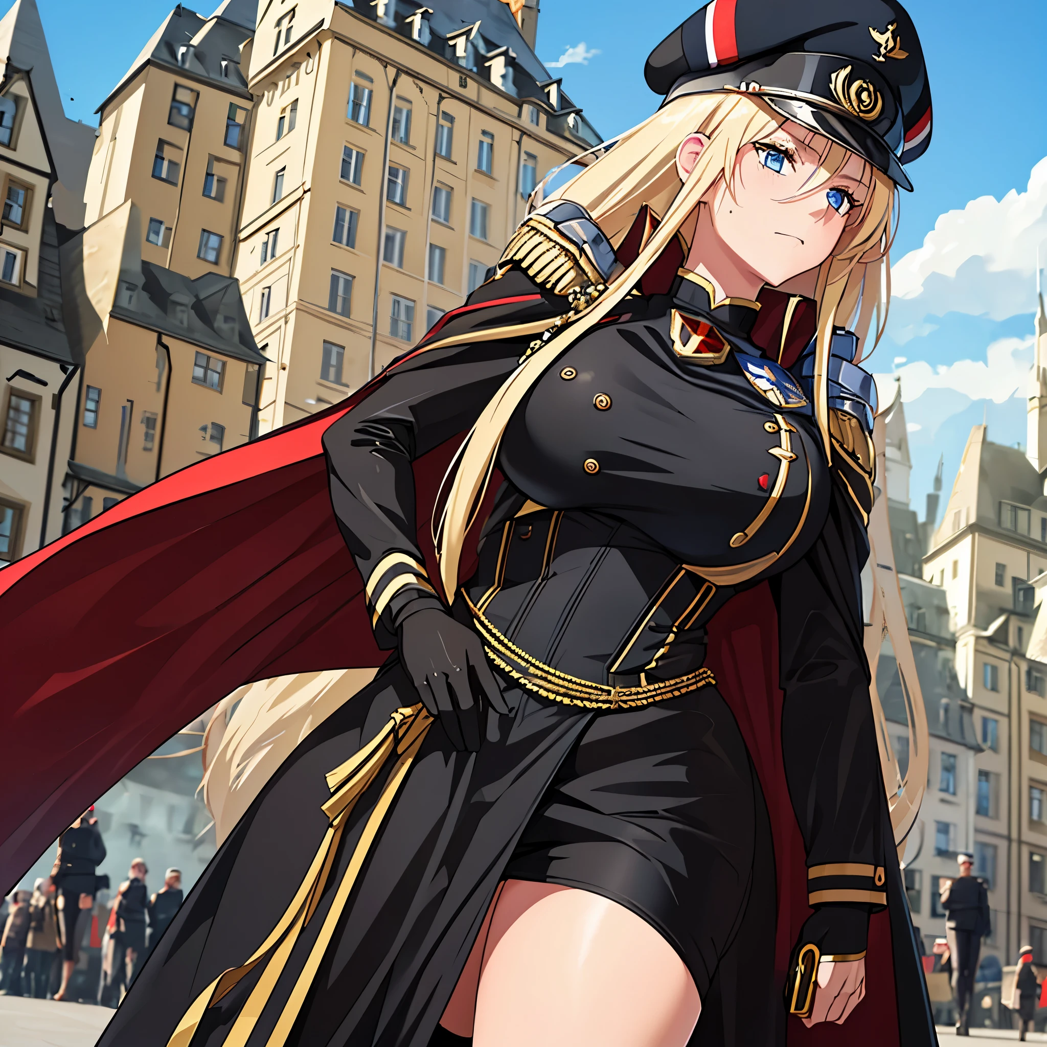 A woman in black military attire with red and gold details, military hat, large breasts, wearing a cape, long blond hair, blue eyes, in the upper part of a German city, with the city in the background, perfect quality, masterpiece, ultra resolution, very detailed, 4k hd.
