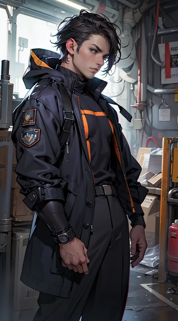 11:23(((Best quality: 1.4))),(Unbeatable masterpiece), (hyper HD),(Hyper-realistic 8k CG)、(dark colored hair) ((( body))), (((1 girl in))), 25-year-old American soldier with perfect body,,Beautiful and well groomed face,muscular body:1.2,Solid royal blue jacket with details, (Pictures from head to thighs), Complex equipment, Dark purple coat,long trousers,The clothes inside are dark,Clothes with metal electronic parts,Tech Armor )