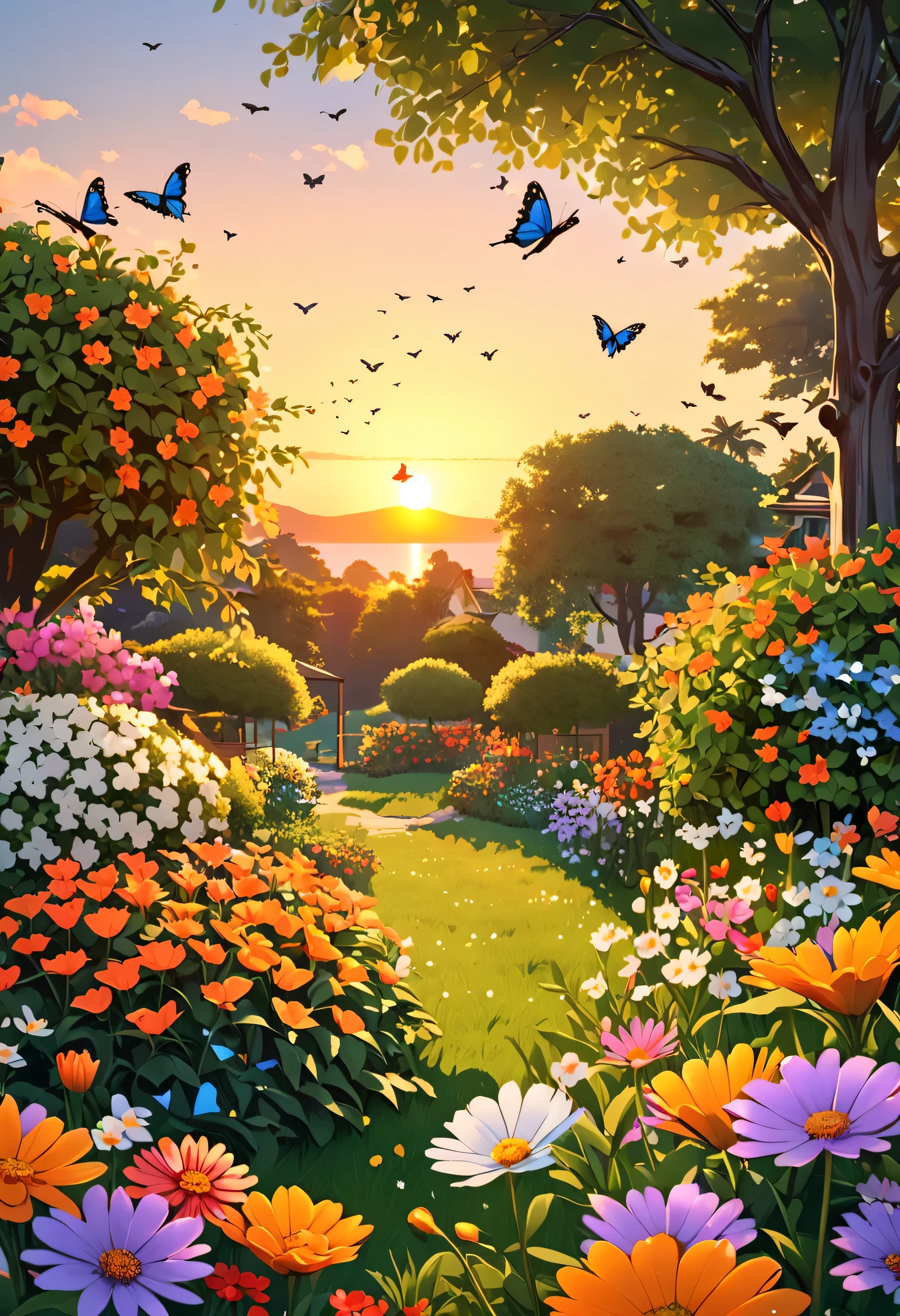 Um jardim com todos os tipos e cores de flores ,,Swiss style , arte de qualidade, 8k ,sozinha, ao anoitecer ,butterflies and birds octane , tree, Sunset,detalhado