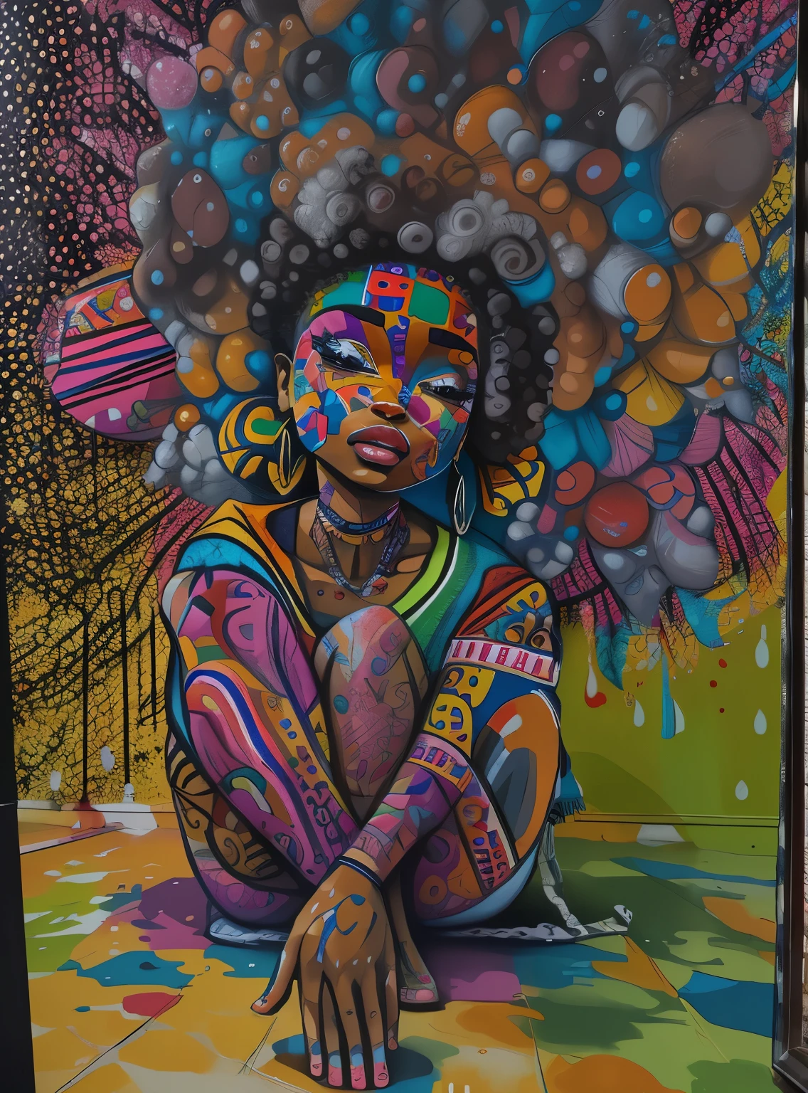 painting of a black woman with big afro hair in the form of drop paintings and stars sitting on the floor graffiti art in the vision of eduardo kobra and ROMERO Brito and the twins and kishi Nishimura in ultra realistic and dynamic in 532k.