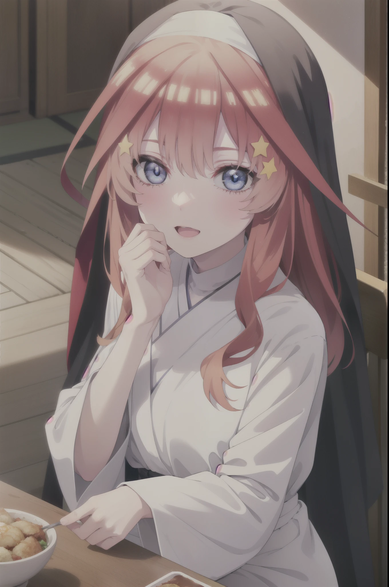 itsukinakano, itsuki nakano, bangs, blue eyes, hair between eyes, Ahoge, redhead,long hair, star \(symbol\), hair ornaments, star hair ornaments,smile,open your mouth,break habit, long sleeve, nun, robe, white robe, wide sleeve,There is a large katsudon on the table.,sitting in a chair,
break indoors, canteen,
break looking at viewer, (cowboy shot:1.5),
break (masterpiece:1.2), highest quality, High resolution, unity 8k wallpaper, (figure:0.8), (detailed and beautiful eyes:1.6), highly detailed face, perfect lighting, Very detailed CG, (perfect hands, perfect anatomy),