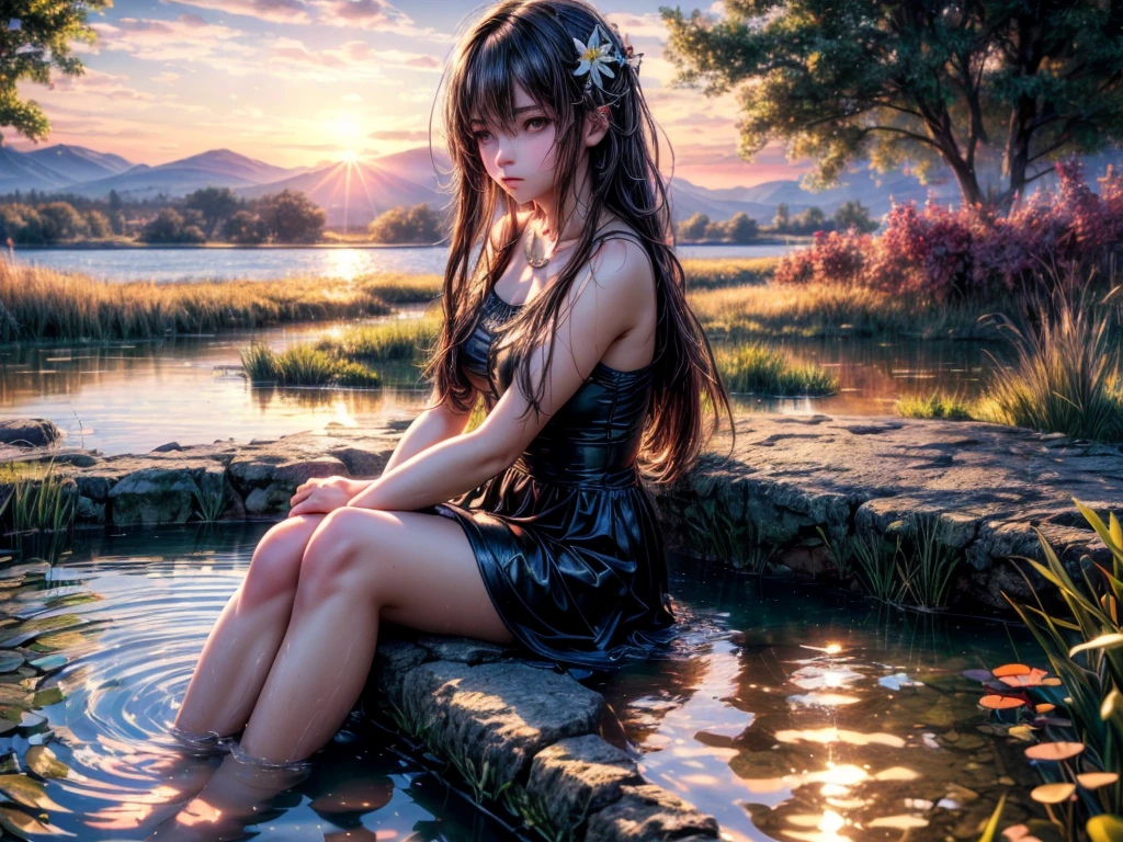 (best quality, 4k, highres, ultra-detailed, realistic:1.37), vivid colors, beautiful girl sitting by the edge of a pond at sunset, melancholic expression, golden hour lighting, reflecting water surface, serene atmosphere, tranquil natural surroundings, gentle breeze, pink and orange hues, distant silhouettes, soft ripples on the water, subtle reflections of the sky, peaceful moment, poetic ambiance, wistful emotions.
