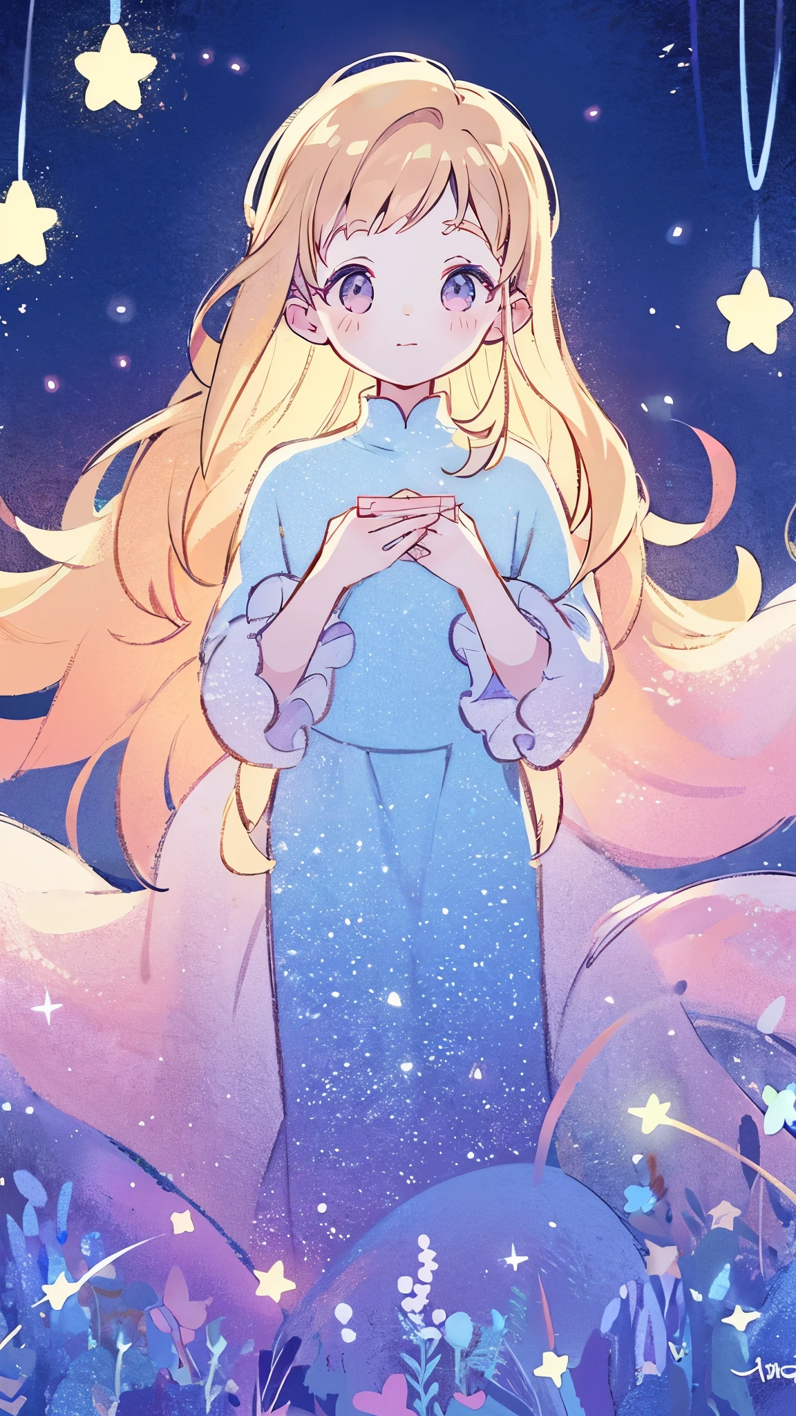 complex background, wishing star background, a woman wearing an ethereal mystical pink translucent dress that reflects the stars, perfume promo art, mystic, complex drawing, highly detailed, Covergirl brand, promo art, artistic rendition, ethereal, starry night, midjourney style