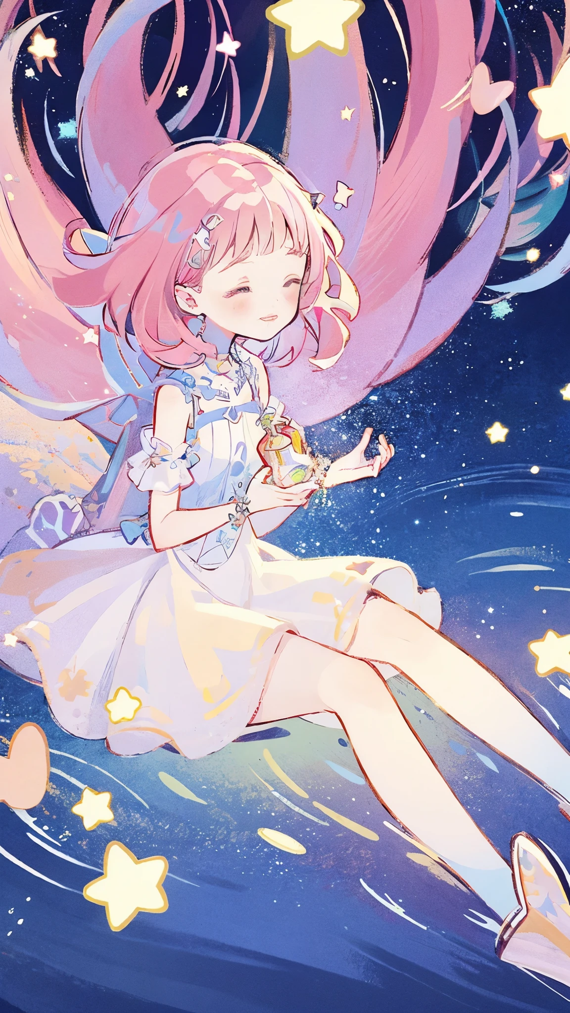 complex background, wishing star background, a woman wearing an ethereal mystical pink translucent dress that reflects the stars, perfume promo art, mystic, complex drawing, highly detailed, Covergirl brand, promo art, artistic rendition, ethereal, starry night, midjourney style
