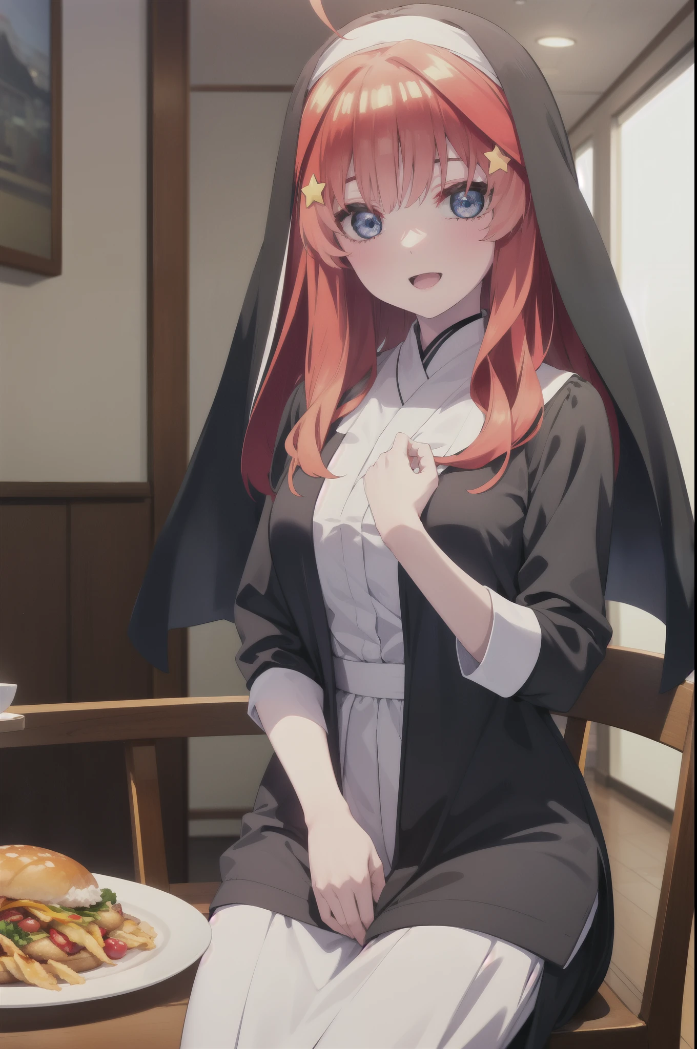 itsukinakano, itsuki nakano, bangs, blue eyes, hair between eyes, Ahoge, redhead,long hair, star \(symbol\), hair ornaments, star hair ornaments,smile,open your mouth,break habit, long sleeve, nun, robe, white robe, wide sleeve,There is a large katsudon on the table.,sitting in a chair,
break indoors, canteen,
break looking at viewer, (cowboy shot:1.5),
break (masterpiece:1.2), highest quality, High resolution, unity 8k wallpaper, (figure:0.8), (detailed and beautiful eyes:1.6), highly detailed face, perfect lighting, Very detailed CG, (perfect hands, perfect anatomy),