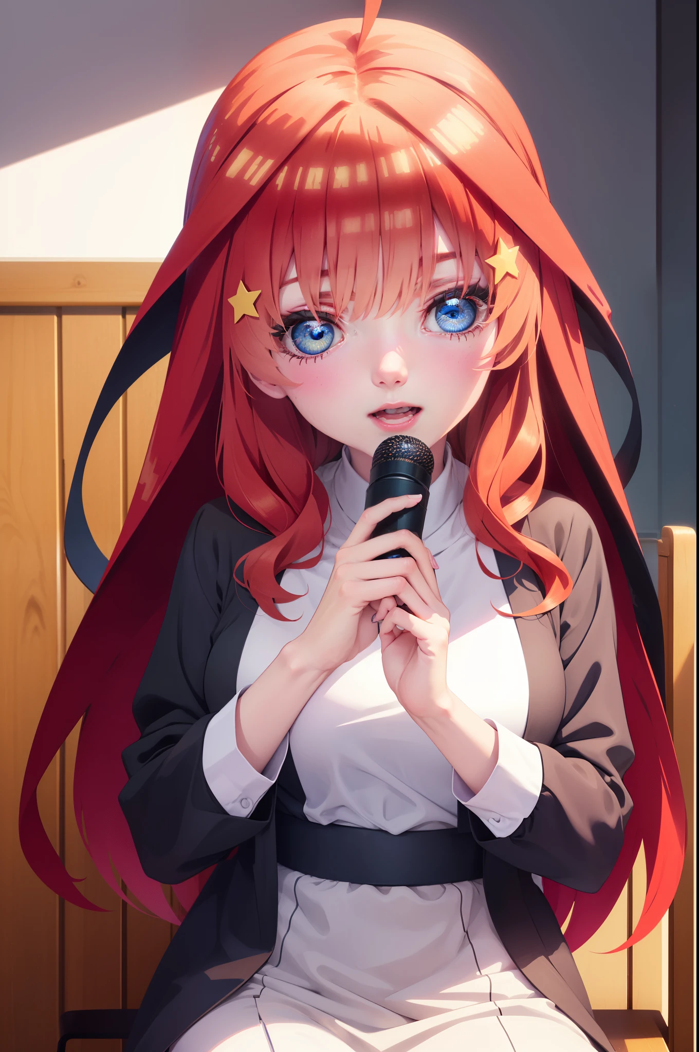 itsukinakano, itsuki nakano, bangs, blue eyes, hair between eyes, Ahoge, redhead,long hair, star \(symbol\), hair ornaments, star hair ornaments,smile,open your mouth,break habit, long sleeve, nun, robe, white robe, wide sleeve,There is a large katsudon on the table.,sitting in a chair,
break indoors, canteen,
break looking at viewer, (cowboy shot:1.5),
break (masterpiece:1.2), highest quality, High resolution, unity 8k wallpaper, (figure:0.8), (detailed and beautiful eyes:1.6), highly detailed face, perfect lighting, Very detailed CG, (perfect hands, perfect anatomy),