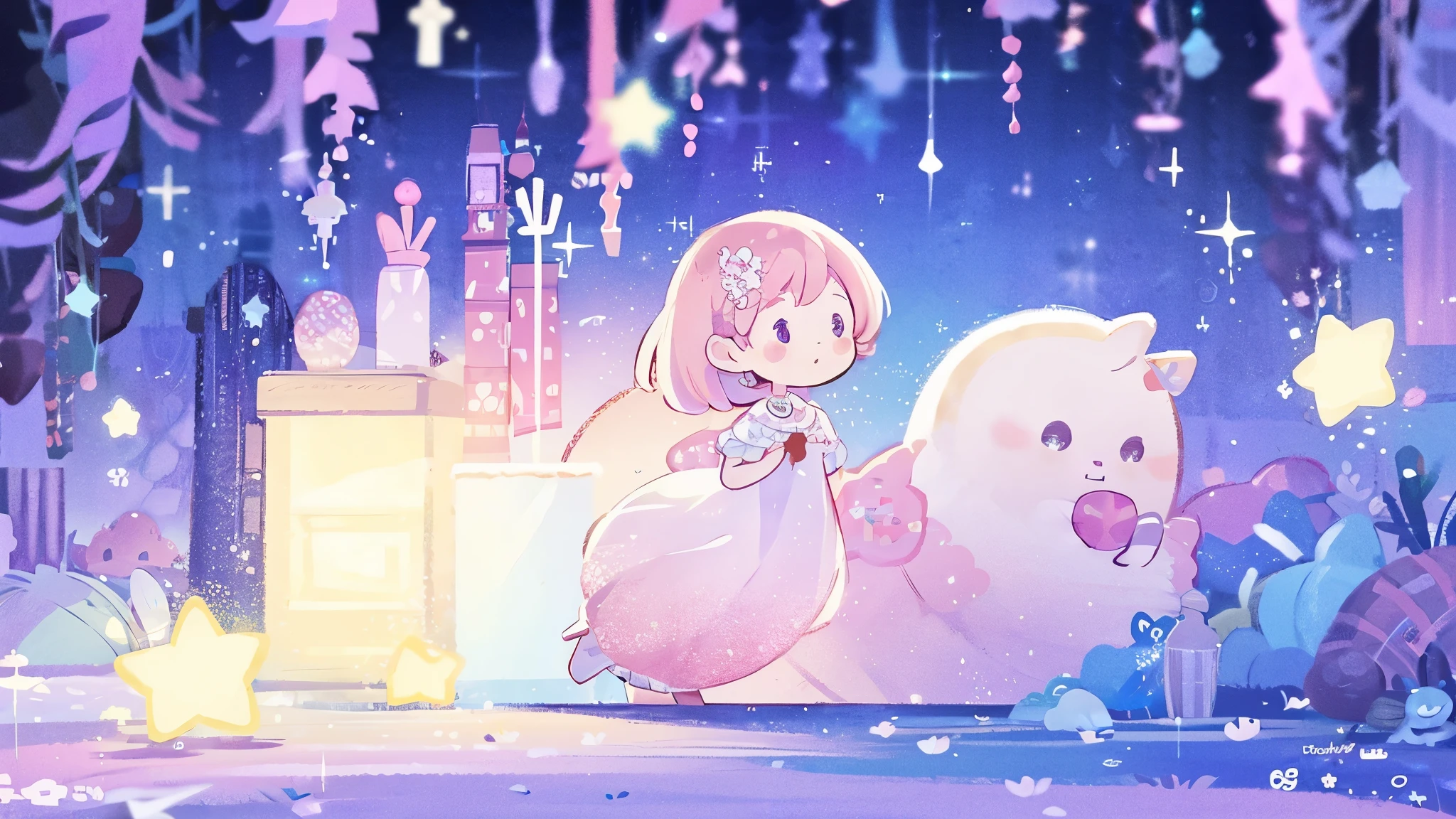 complex background, wishing star background, a woman wearing an ethereal mystical pink translucent dress that reflects the stars, perfume promo art, mystic, complex drawing, highly detailed, Covergirl brand, promo art, artistic rendition, ethereal, starry night, midjourney style