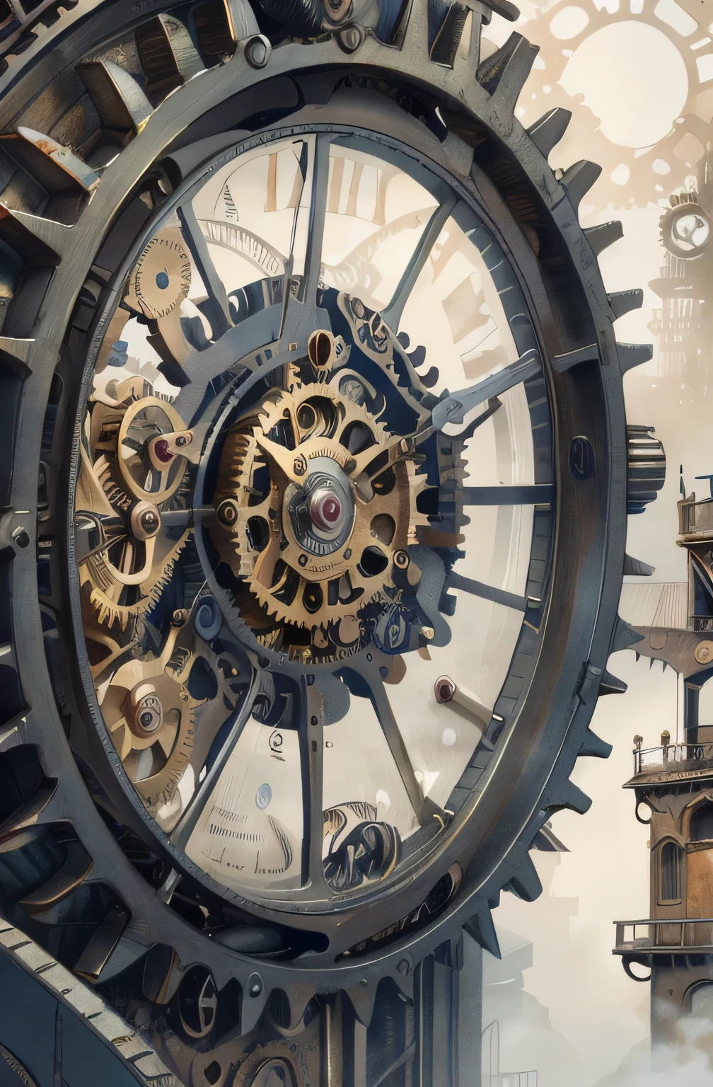 There is a picture of a clock with a clock tower in the background, detailed steampunk illustration, steampunk concept art, set in a steampunk world, Huge mechanical watch, steampunk art, steampunk aesthetic, steampunk imagery themed, clockwork steampunk, steampunk illustration, clockwork, high quality steampunk art, clock punk, intricate gear details, steampunk! fiction, clockwork mechanical, steampunk setting