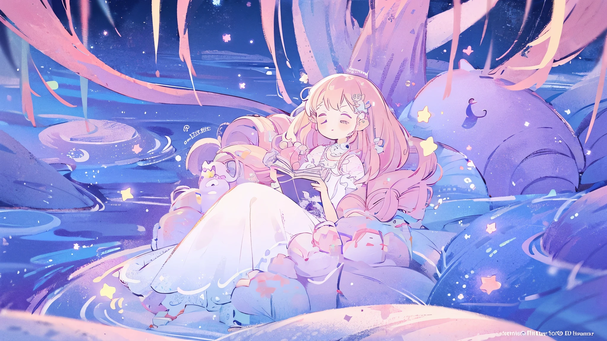 complex background, wishing star background, a woman wearing an ethereal mystical pink translucent dress that reflects the stars, perfume promo art, mystic, complex drawing, highly detailed, Covergirl brand, promo art, artistic rendition, ethereal, starry night, midjourney style