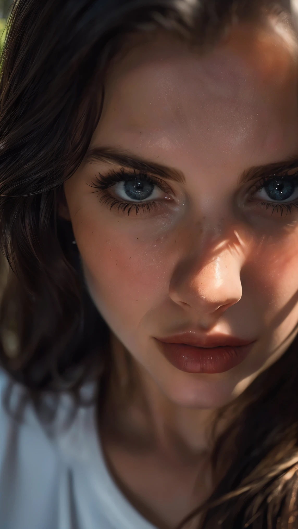 (((ultra realistic))) Photo, masterpiece, top quality, (pale skin), (Ultra detailed face and eyes:1.3), 1 girl, Adult, in a T-shirt, (Eye makeup, mascara) , ((large detailed lips)), ((Dark wavy hair)), ((Chyolka)) , (Natural breasts), Slim waist. ((Posing)), photoshoot, studio (soft lighting), (The play of light and shadows), depth of field, bokeh, (special attention to skin detail: 1.2), (Dark atmosphere frame), ((close-up portrait, close to the camera top view)) , ultra detialed, 