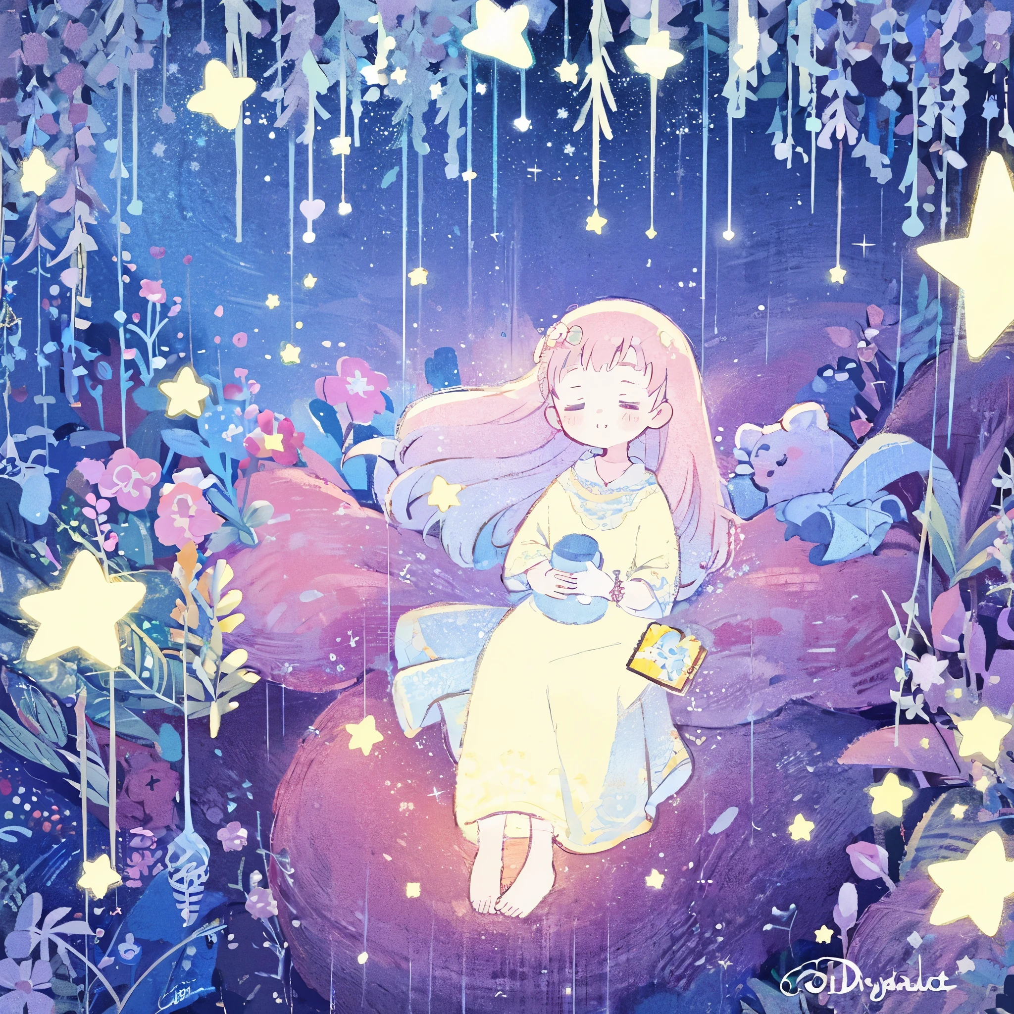 complex background, wishing star background, a woman wearing an ethereal mystical pink translucent dress that reflects the stars, perfume promo art, mystic, complex drawing, highly detailed, Covergirl brand, promo art, artistic rendition, ethereal, starry night, midjourney style