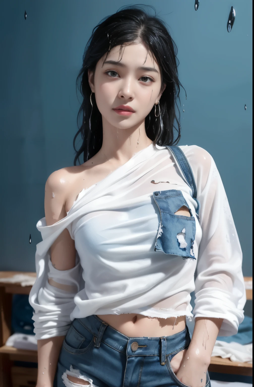 Ms Alafid wearing a black top and blue denim shorts poses for a photo, Robot 18，Realistic perfect body, hot，sunny, Realistic anime girl rendering, photorealism art style, Popular topics on cgstation, Sun Yunzhu, Realistic anime 3D style, realism art style, most models | artistic sprout, [ 4K realism ]!!，Close-up of a woman wearing a wh它e top posing for a photo, Exquis它e gravure printed idols, (Realistic skin), attractive, surreal, Very detailed, golden ratio, (White T-shirt, transparent,water leakage, despair, Compassionate, poor, Light, big watery eyes, big watery eyes, (torn clothes: 1.5), ((wet clothes: 1.5)), Shoulder, True Rain, wet hair, ((South Korea, whole body))