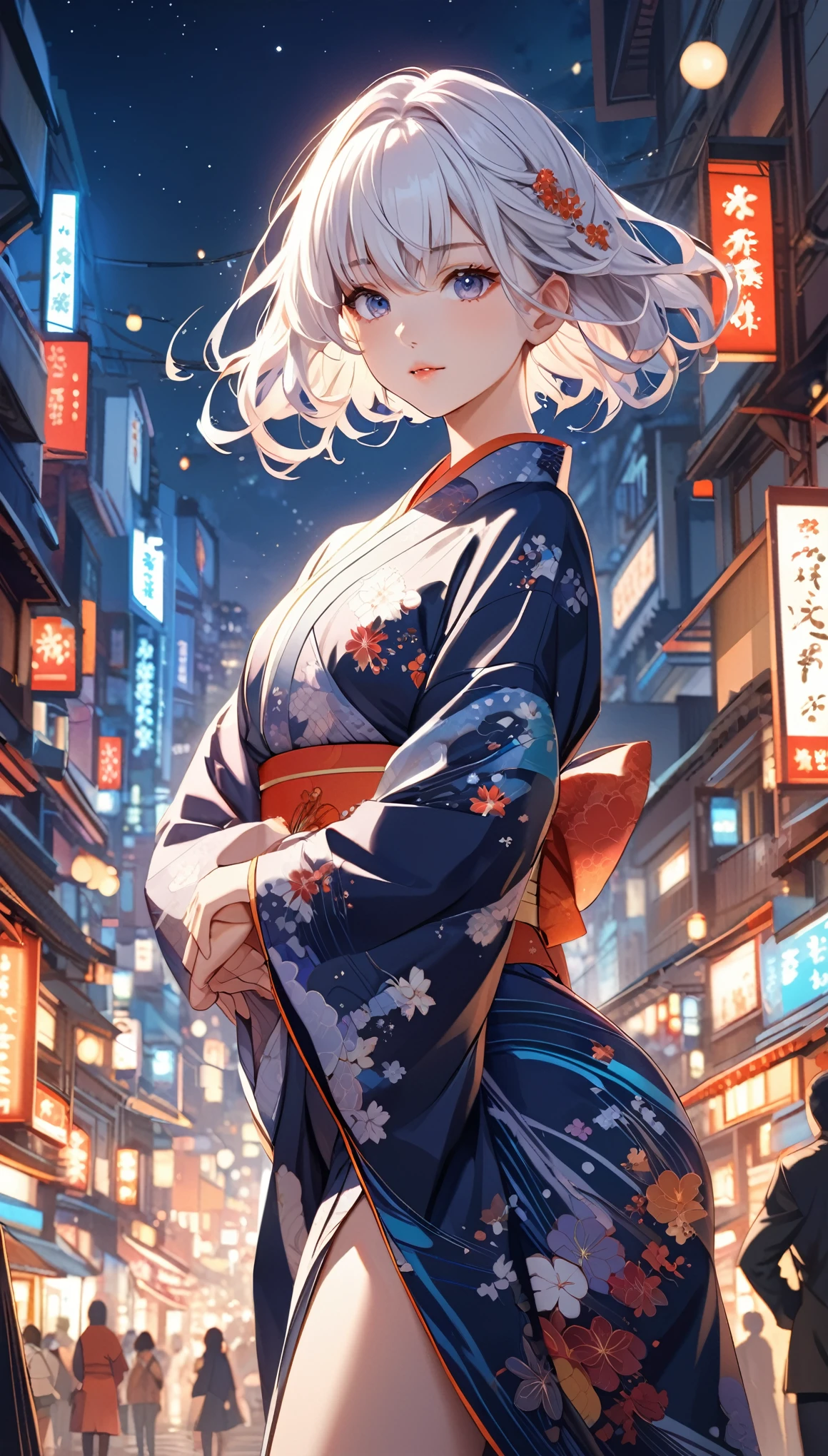 Illustrate a new portrayal of an anime girl with an immaculate hourglass figure, white hair, and brown Japanese skin, presenting herself in another unique, dynamic pose. She is adorned in a kimono, which is elegantly designed to accentuate her curves and golden ratio physique. The kimono is detailed with a pattern that signifies growth and progress, adding layers of depth to her character. Her eyes are a focal point, rendered in exceptional detail to convey depth, intelligence, and emotion. The backdrop is an intricately detailed night scene of a Japanese city, vibrant with the energy and lights of urban life. This masterpiece should encapsulate the entire scene, focusing on the anime girl's beauty, the complexity of her attire, and the bustling city environment. The image is crafted to celebrate the fusion of traditional beauty and modern dynamism, showcasing the anime girl in a fresh and vibrant pose against the nocturnal backdrop of Japan.