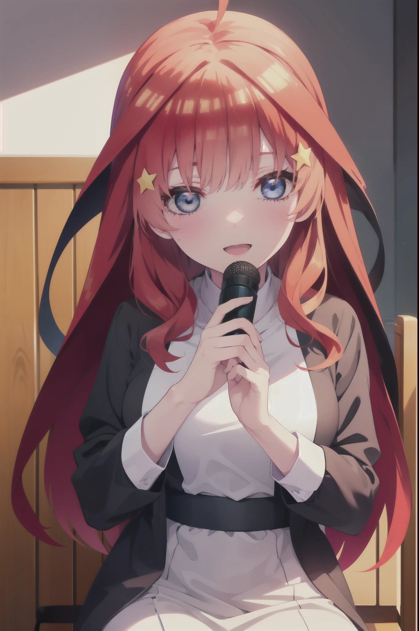 itsukinakano, itsuki nakano, bangs, blue eyes, hair between eyes, Ahoge, redhead,long hair, star \(symbol\), hair ornaments, star hair ornaments,smile,open your mouth,break habit, long sleeve, nun, robe, white robe, wide sleeve,There is a large katsudon on the table.,sitting in a chair,
break indoors, canteen,
break looking at viewer, (cowboy shot:1.5),
break (masterpiece:1.2), highest quality, High resolution, unity 8k wallpaper, (figure:0.8), (detailed and beautiful eyes:1.6), highly detailed face, perfect lighting, Very detailed CG, (perfect hands, perfect anatomy),