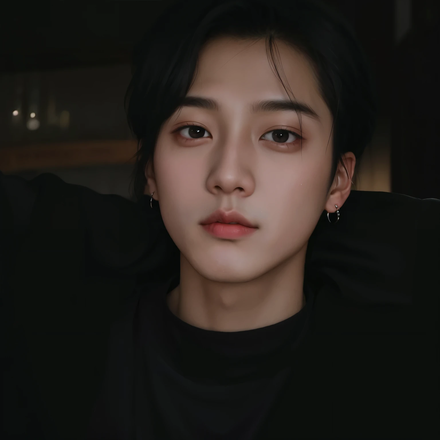 hay un hombre con una camisa negra y aretes puestos, Cai Xu Kun, jungkook, jinyoung shin, kim taejin, inspirado en Kim Deuk-sin, androgynous face, taken in the early 2020s, inspirado en jeonseok lee, hyung tae, pale korean adorable face, retrato de jossi de blackpink, foto de perfil en la cabeza