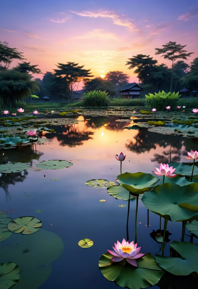 Deep twilight evening pond twilight scene sky gradually darkening,The light in the pond is getting fainter,Create a mysterious atmosphere。
Lotus blooms beautiful flowers on the water in the evening,Create a harmonious scene. Beautiful view of the pond in the evening.,Let people feel the calmness of nature and the mysterious atmosphere of beautiful light and shadow art, Highly detailed digital art in pastel colors,fantasy art behavior,Surreal high-definition pictures